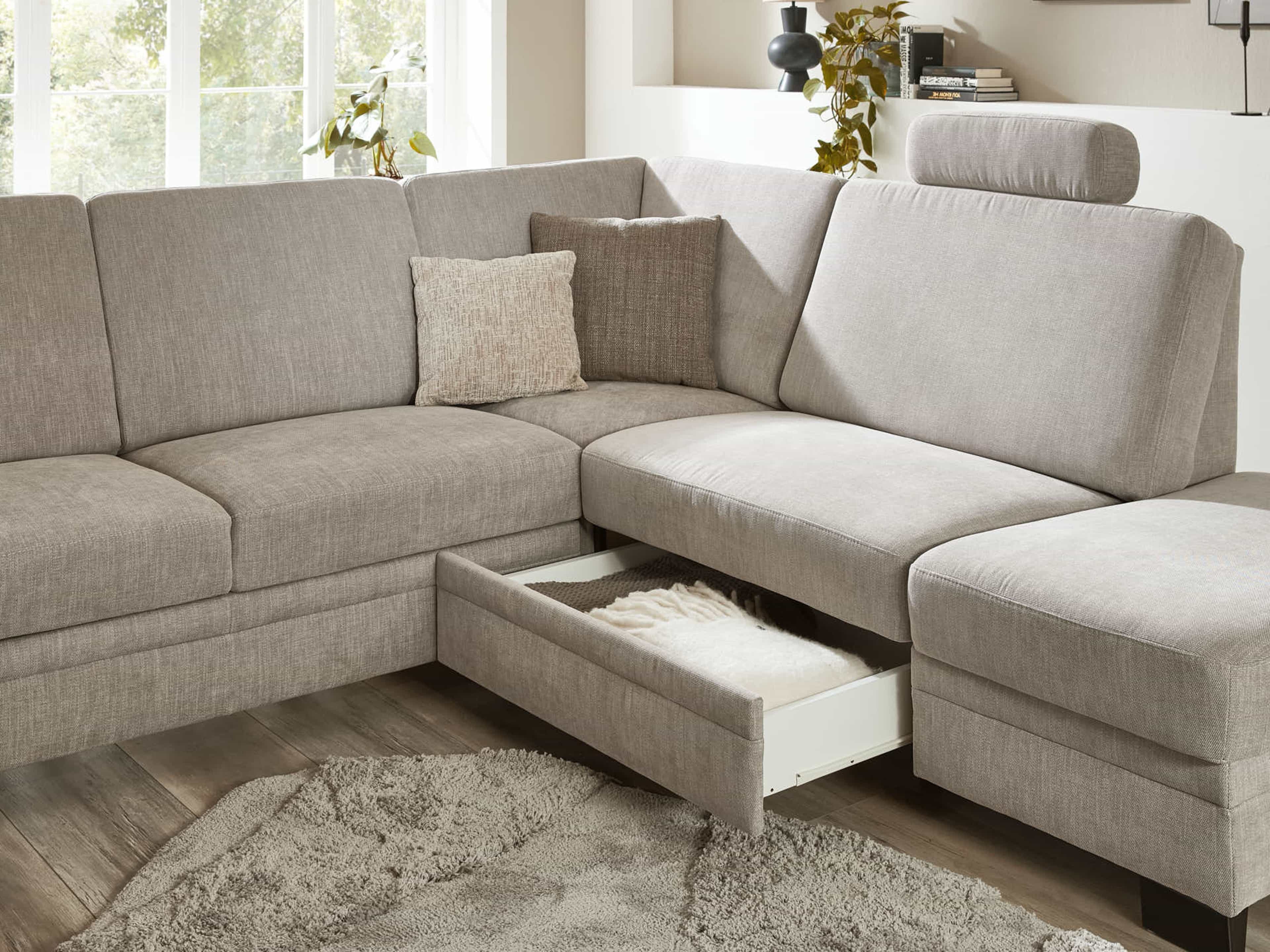 Wohnlandschaft Zoccalia – beige mit Bezug, in U-Form, Schublade geöffnet, Kopfstütze und Kissen