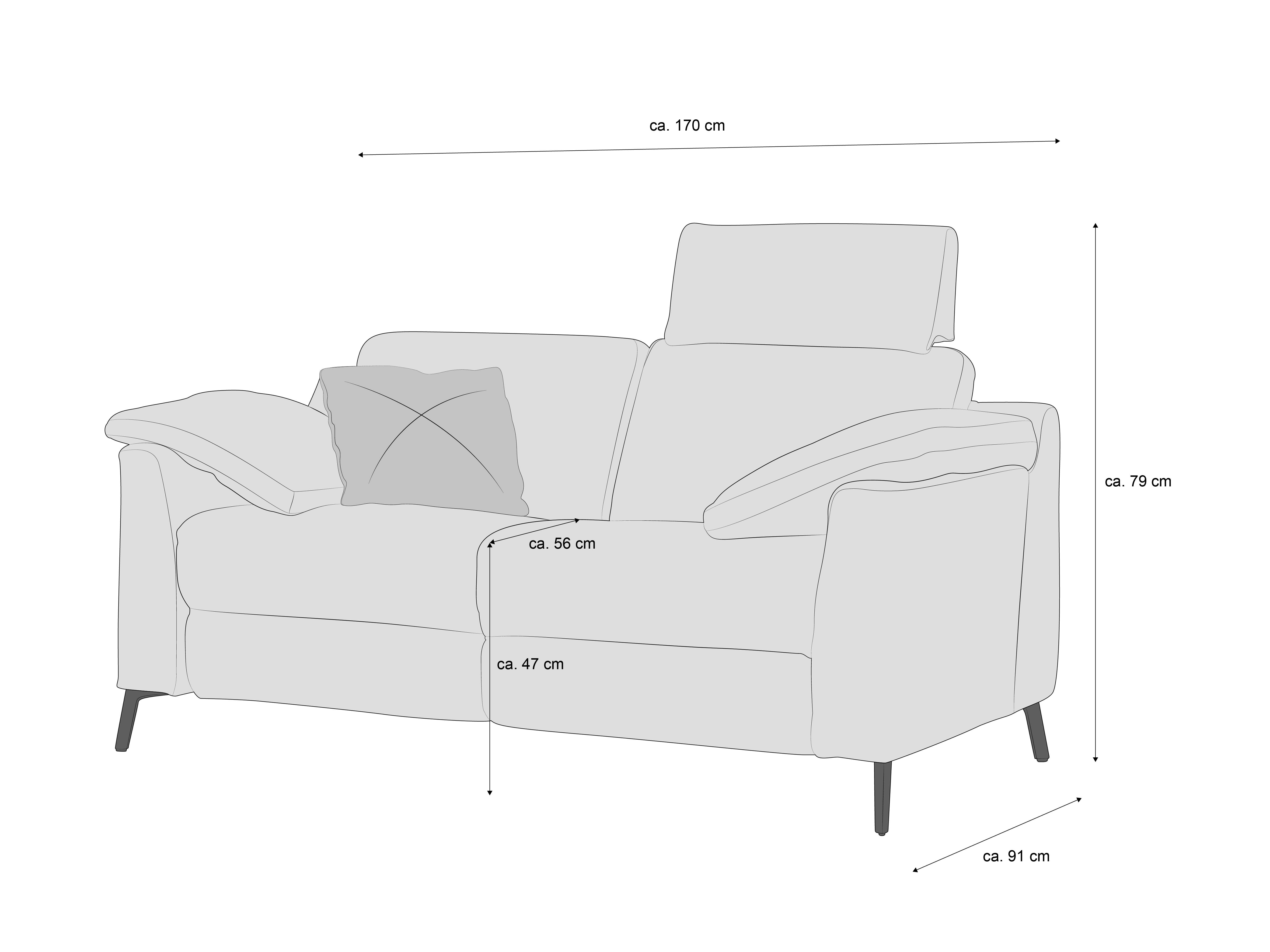 2-Sitzer Sofa mit Stoffbezug, hoher Rückenlehne, Armlehnen und Kissen, auf schlanken Füßen