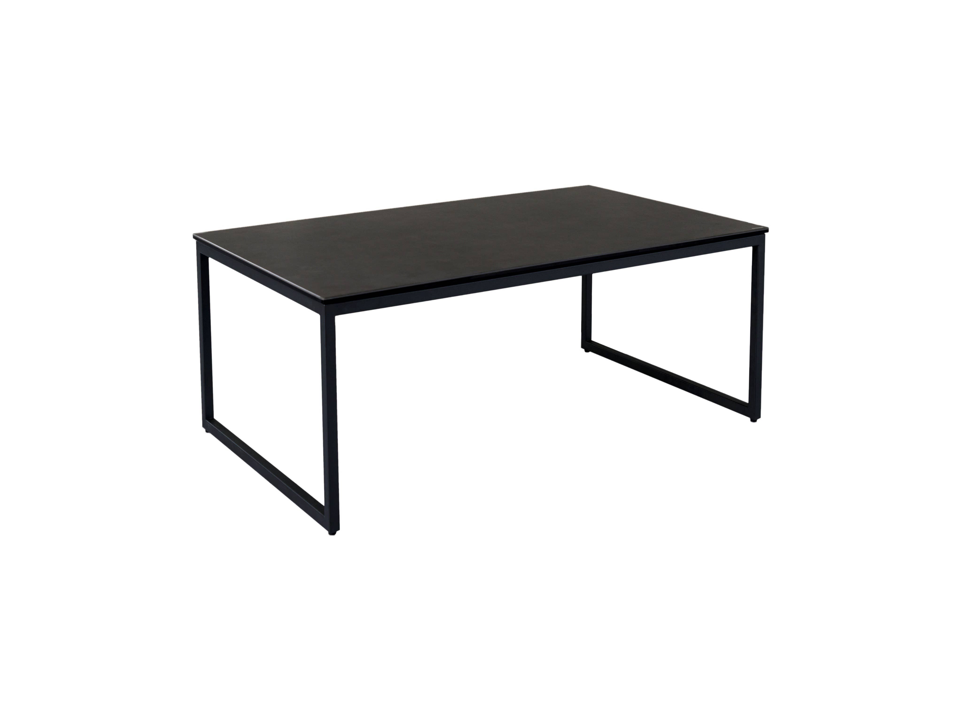 Couchtisch mit rechteckiger, schwarzer Tischplatte und schwarzem Metallgestell in U-Form