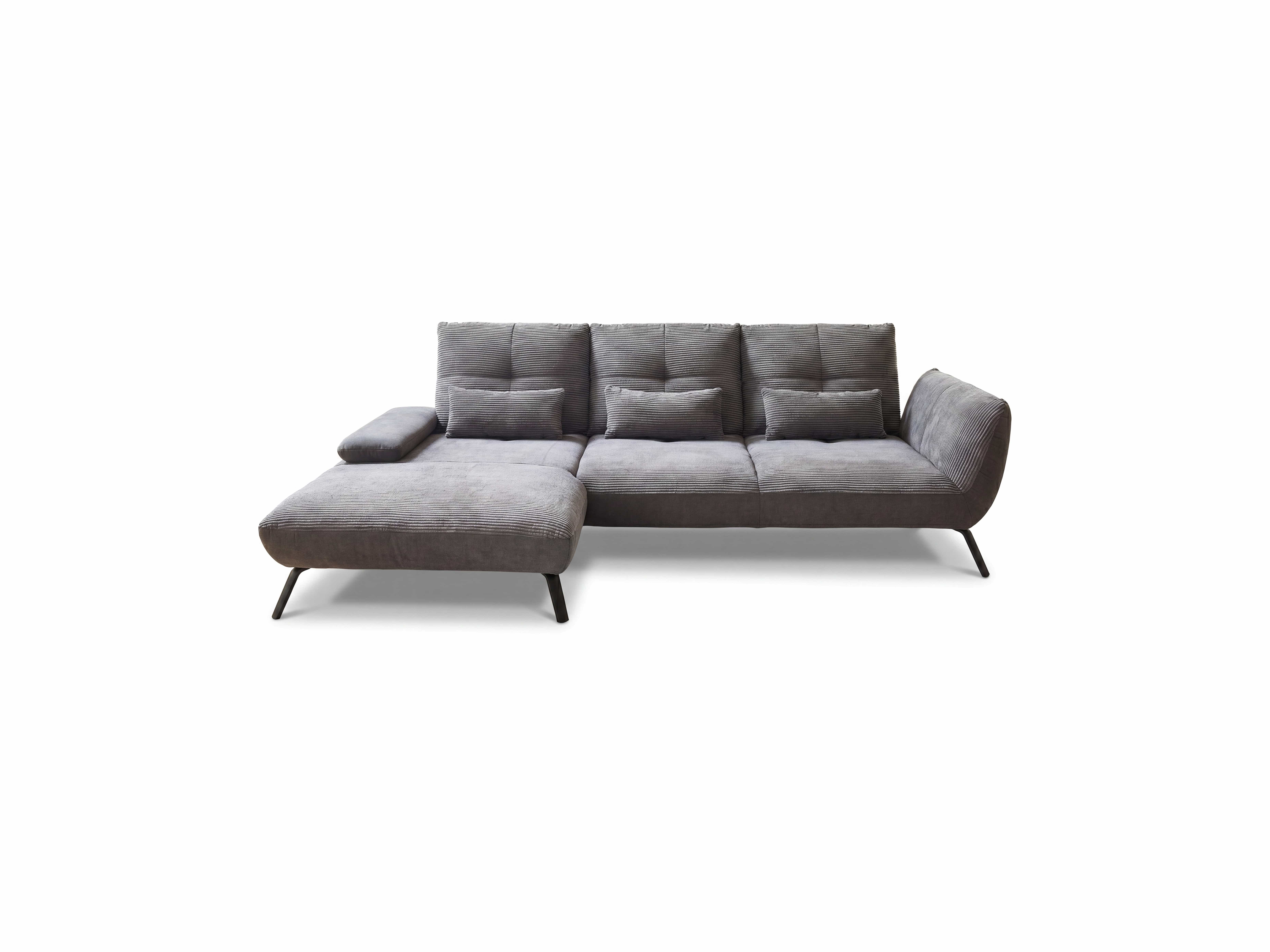 Ecksofa Paola – grauer Cordbezug in L-Form mit losen Rückenkissen und schrägen schwarzen Füßen