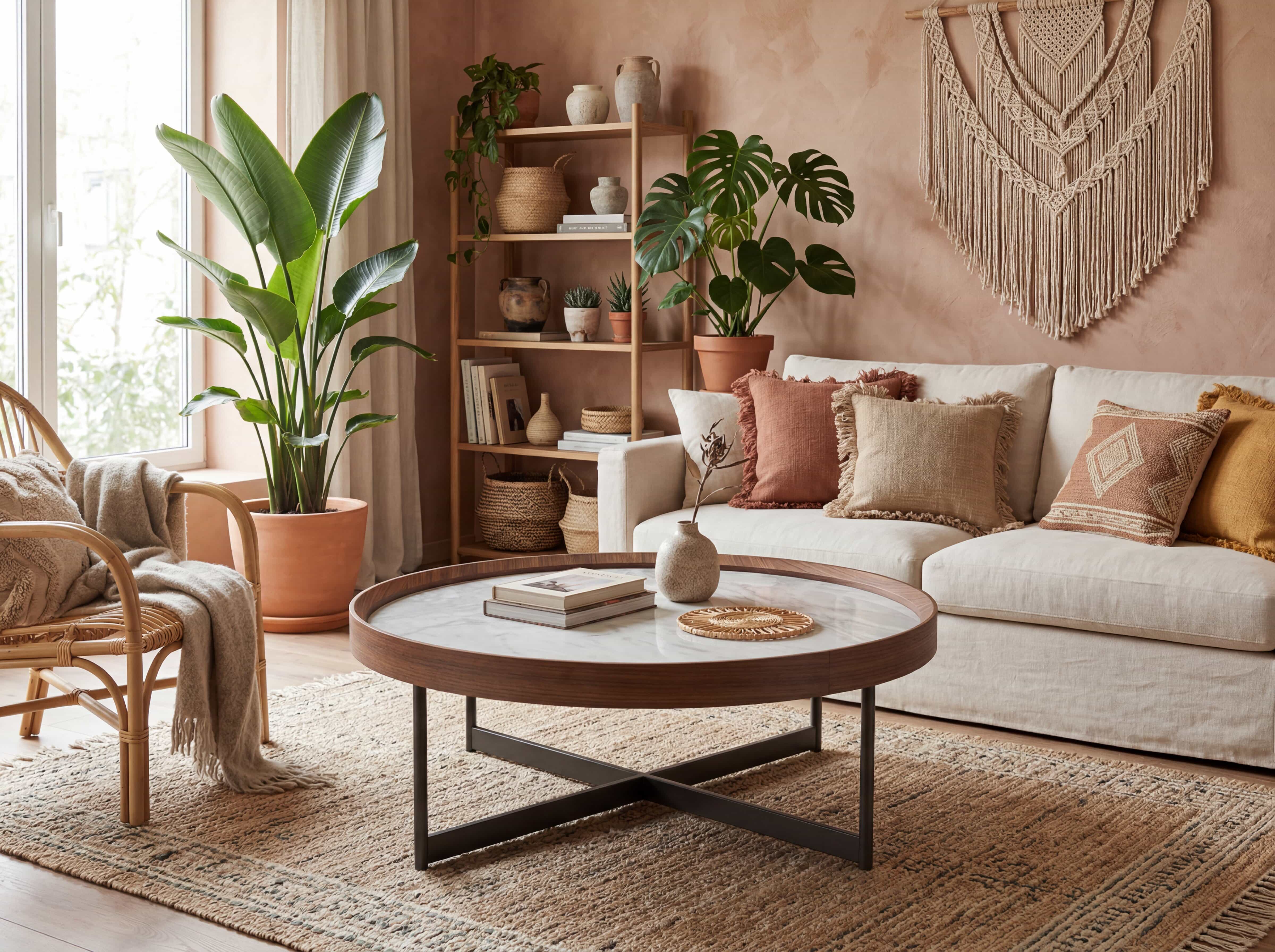 Runder Couchtisch mit weißer Platte, Holzrahmen und schwarzem Metallgestell im Wohnzimmer
