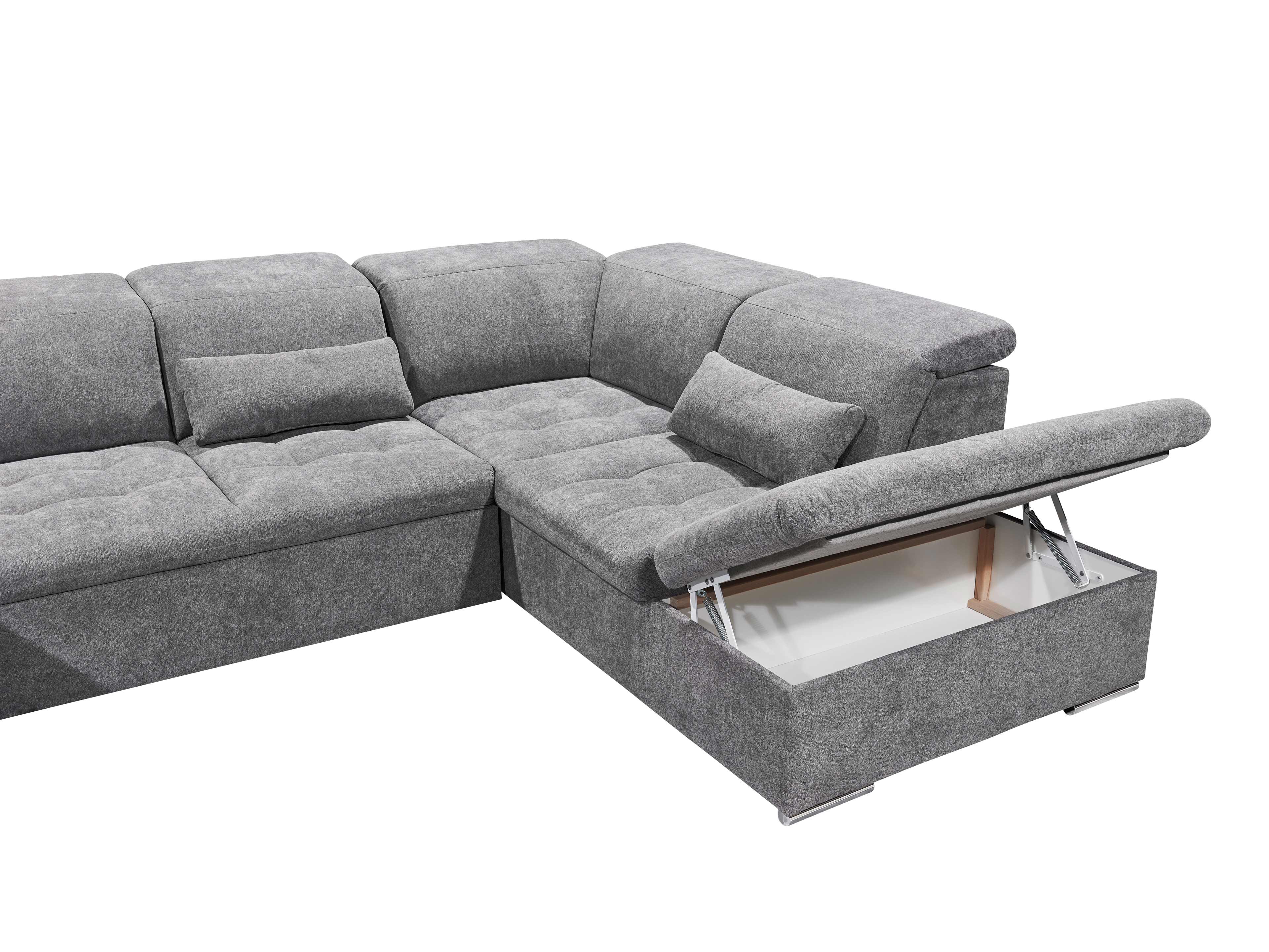 Ecksofa Kabs mit grauem Stoffbezug, gepolsterten Rückenlehnen und geöffnetem Stauraum im Seitenteil