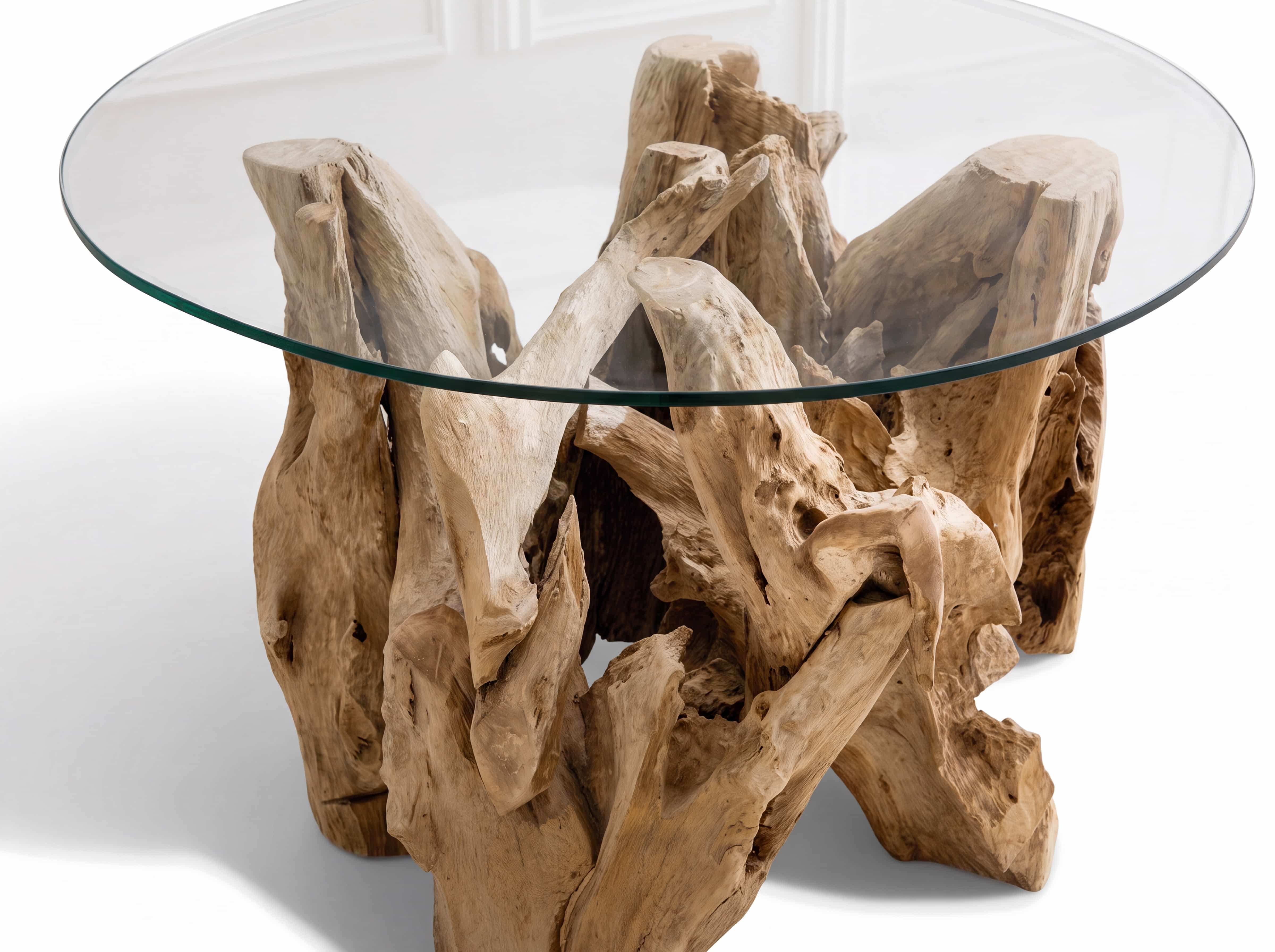 Couchtisch mit runder Glasplatte und naturbelassenem Untergestell aus hellem, strukturiertem Holz.