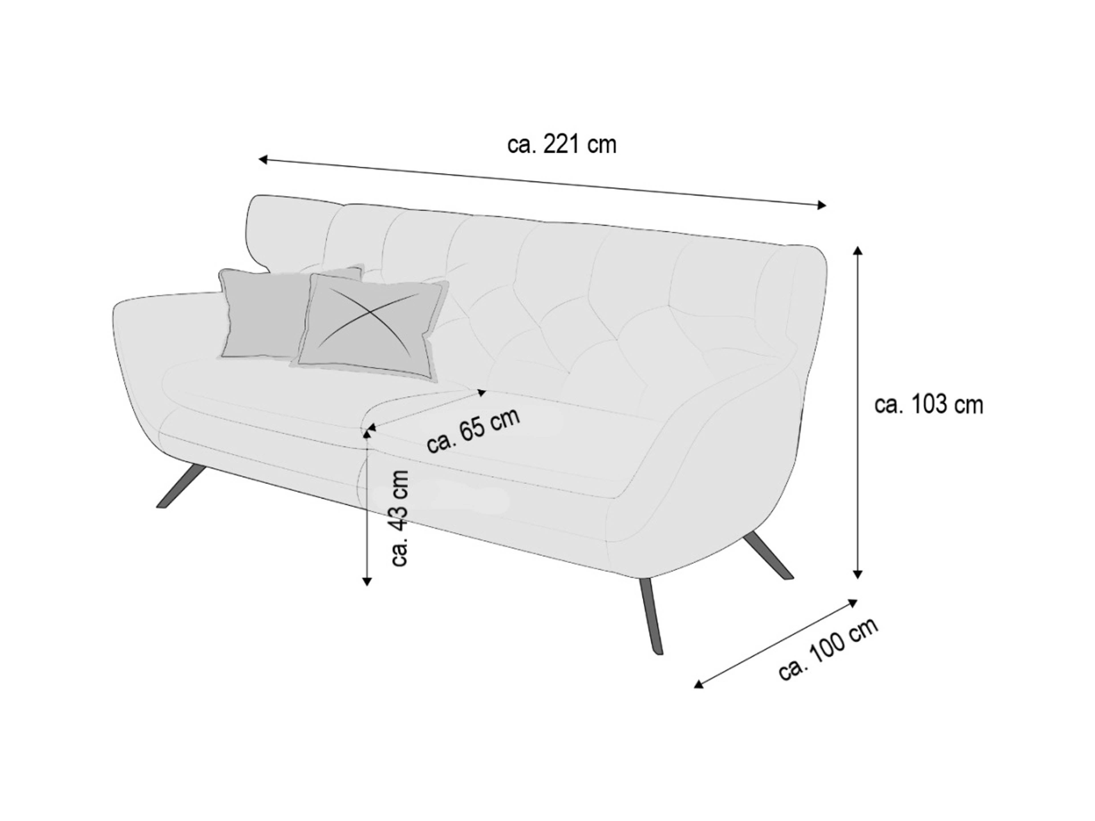 3-Sitzer Sofa mit Armlehnen, hoher Rückenlehne, Sitzpolsterung, zwei Kissen und Metallfüßen