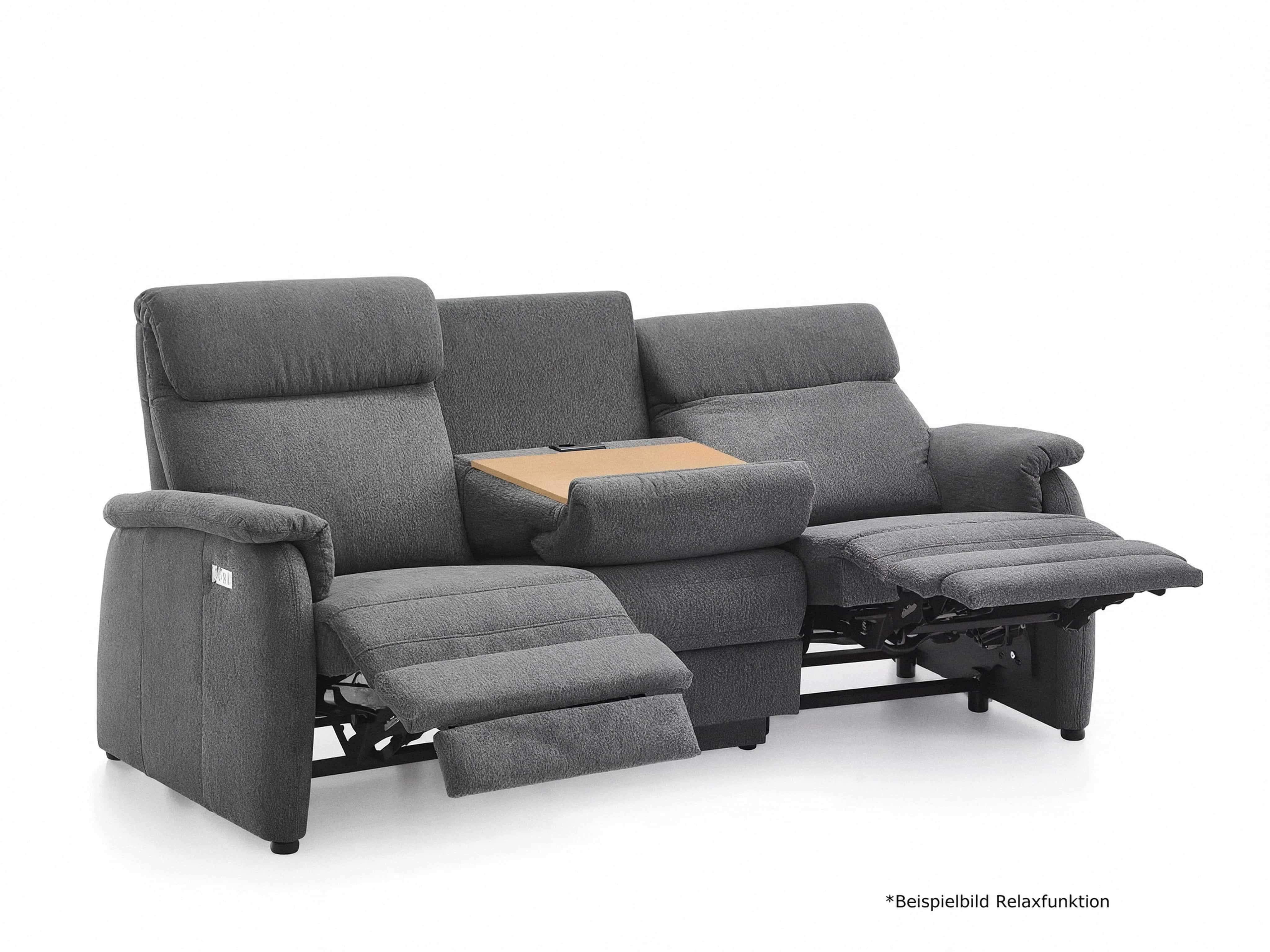 3-Sitzer Sofa mit Relaxfunktion, anthrazitfarbener Stoffbezug, Klapptisch in der Mitte, gepolsterte Armlehnen