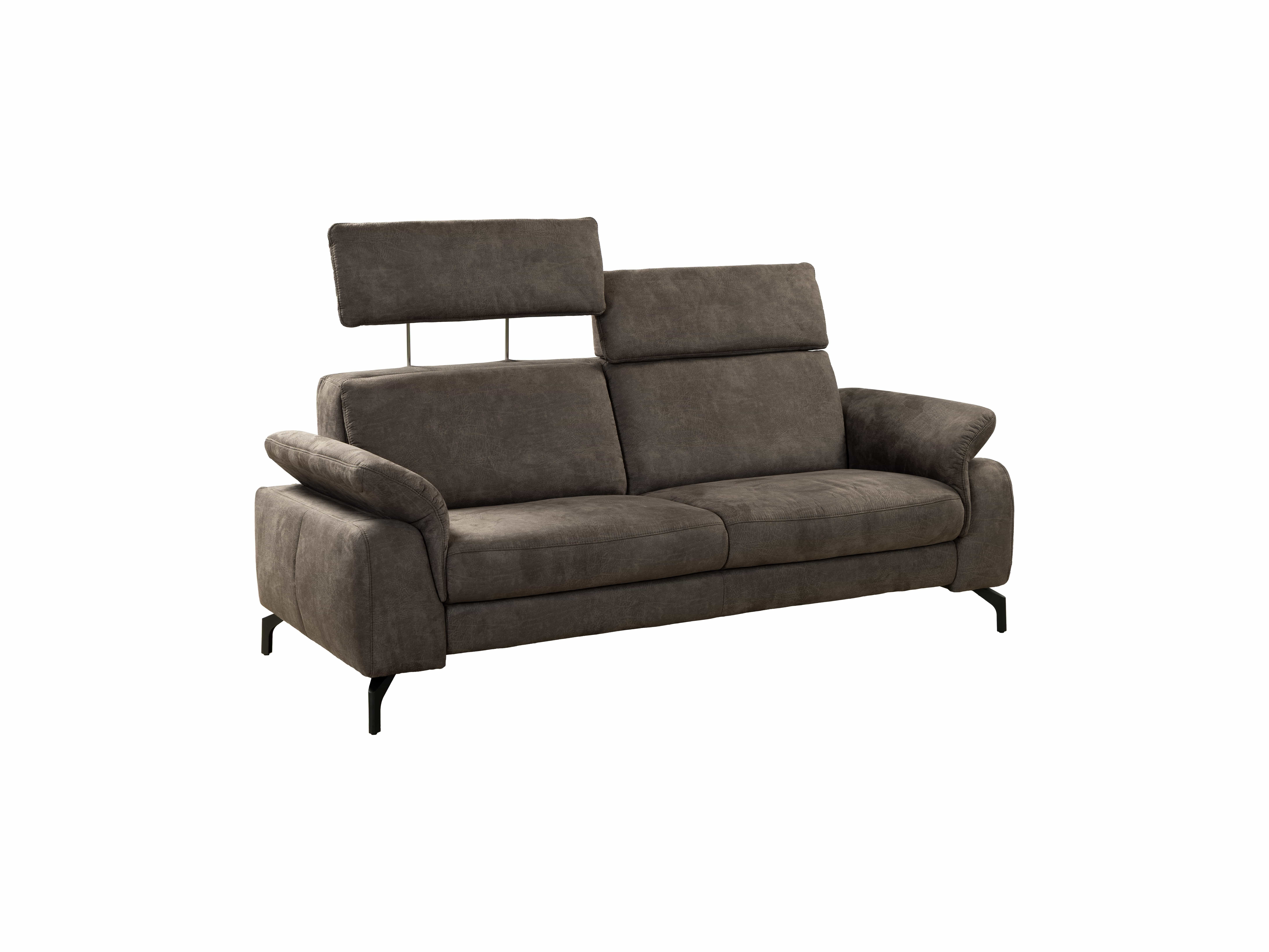 3-Sitzer Sofa mit Stoffbezug in Dunkelbraun, verstellbaren Kopfstützen und schwarzen Metallfüßen