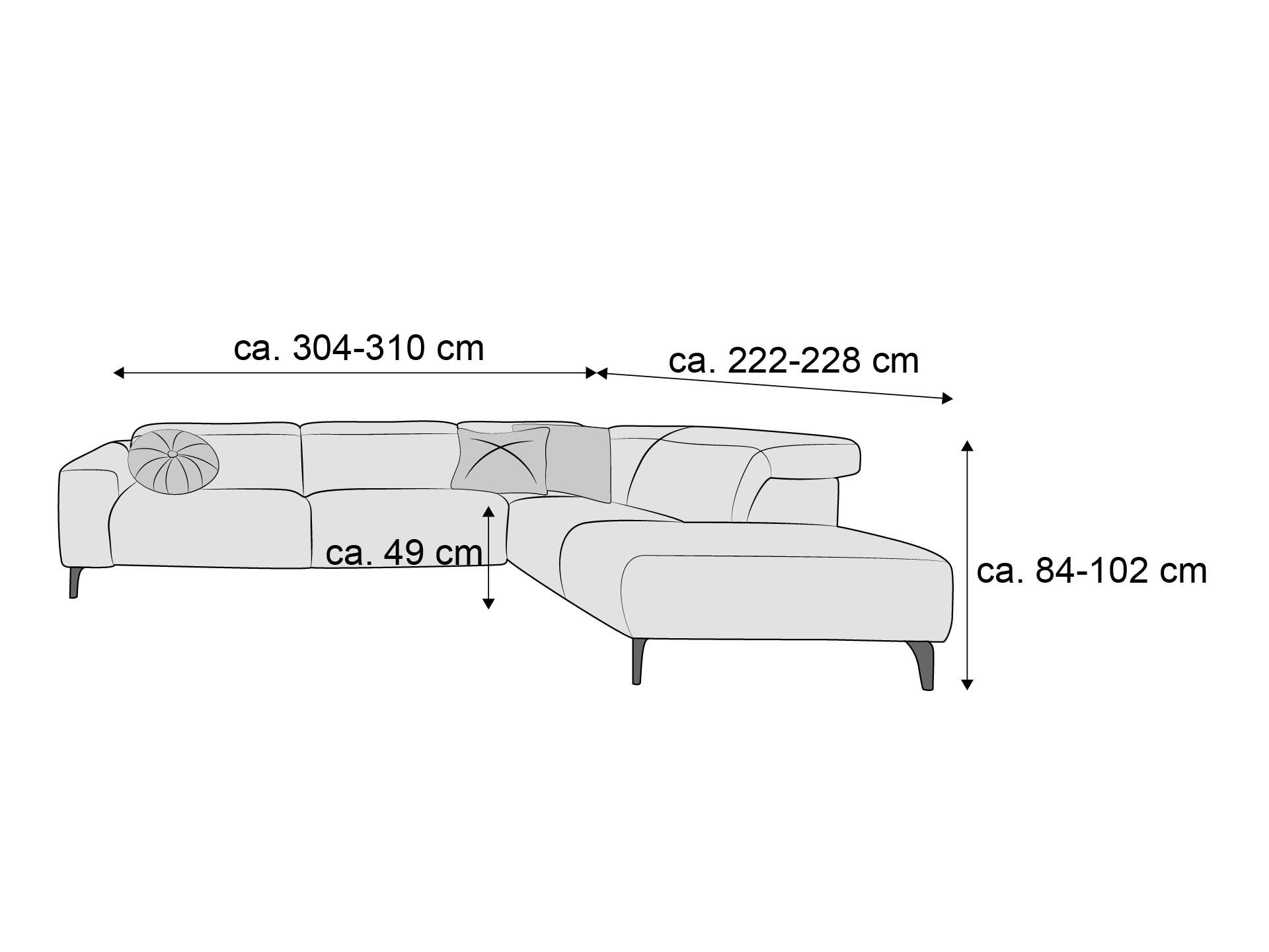 Ecksofa in L-Form mit Armlehnen, gepolsterter Rückenlehne und sichtbaren Beinen, Skizze mit Maßen