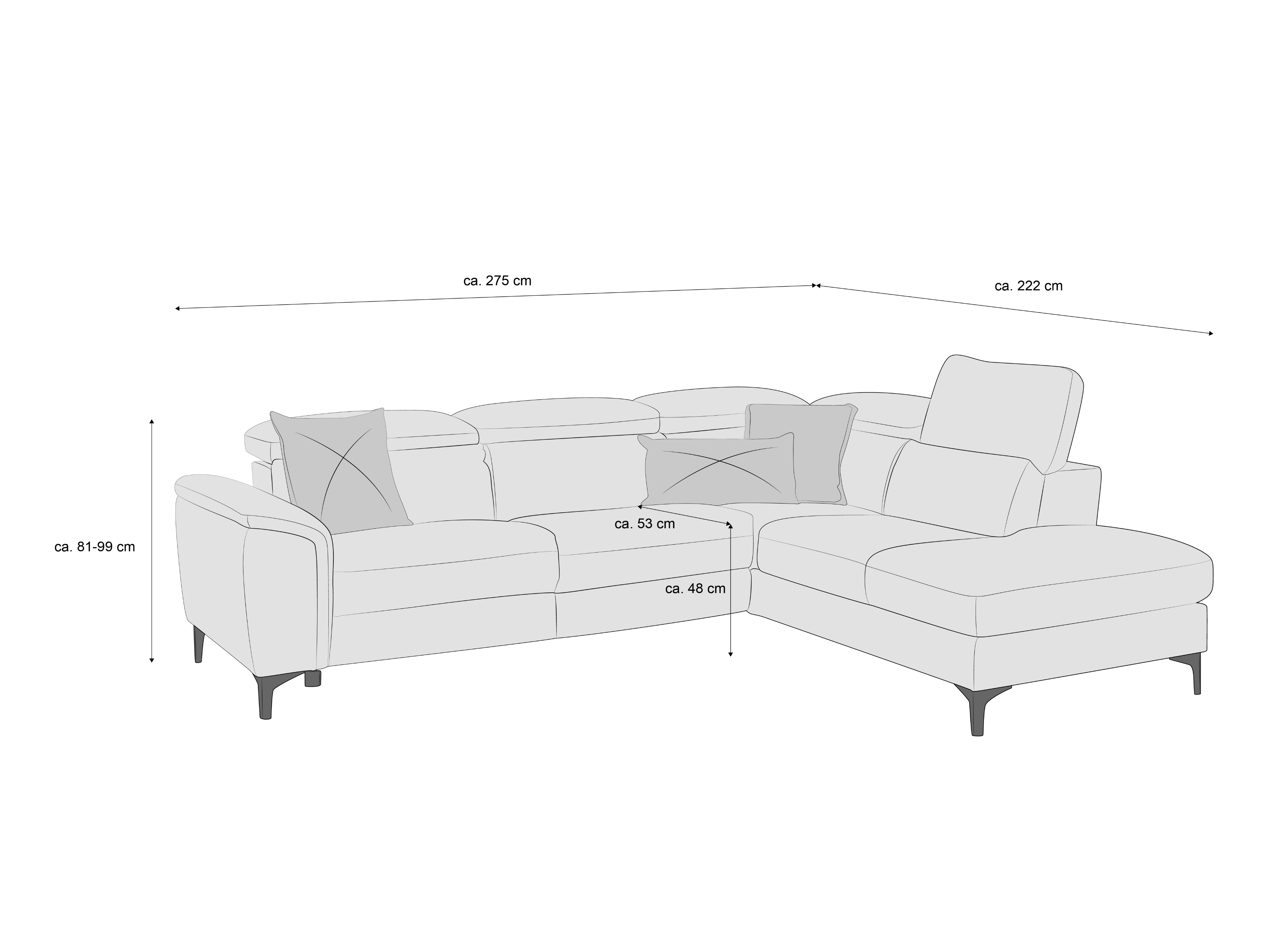Ecksofa Kabs mit Armlehnen, gepolsterten Rückenlehnen, losen Kissen und sichtbaren Füßen