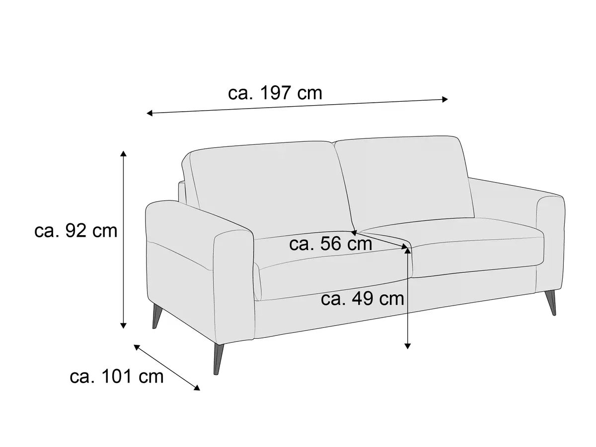 2-Sitzer Sofa mit gepolsterten Rückenkissen, Armlehnen und schrägen Füßen, Maße sind angegeben