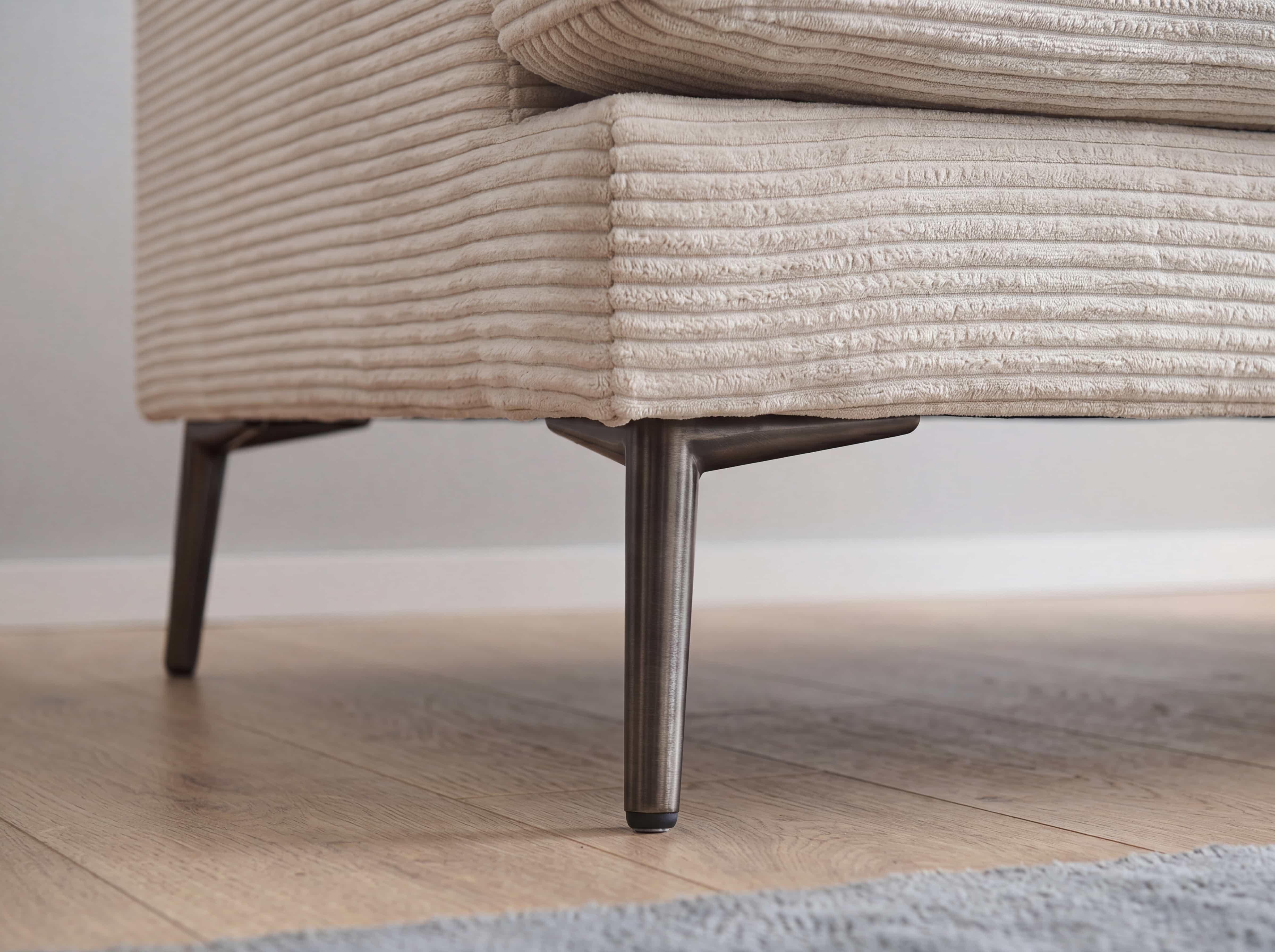 Sofa mit beigefarbenem Cordbezug und dunklem Metallfuß, Polster mit markanter Rillenstruktur