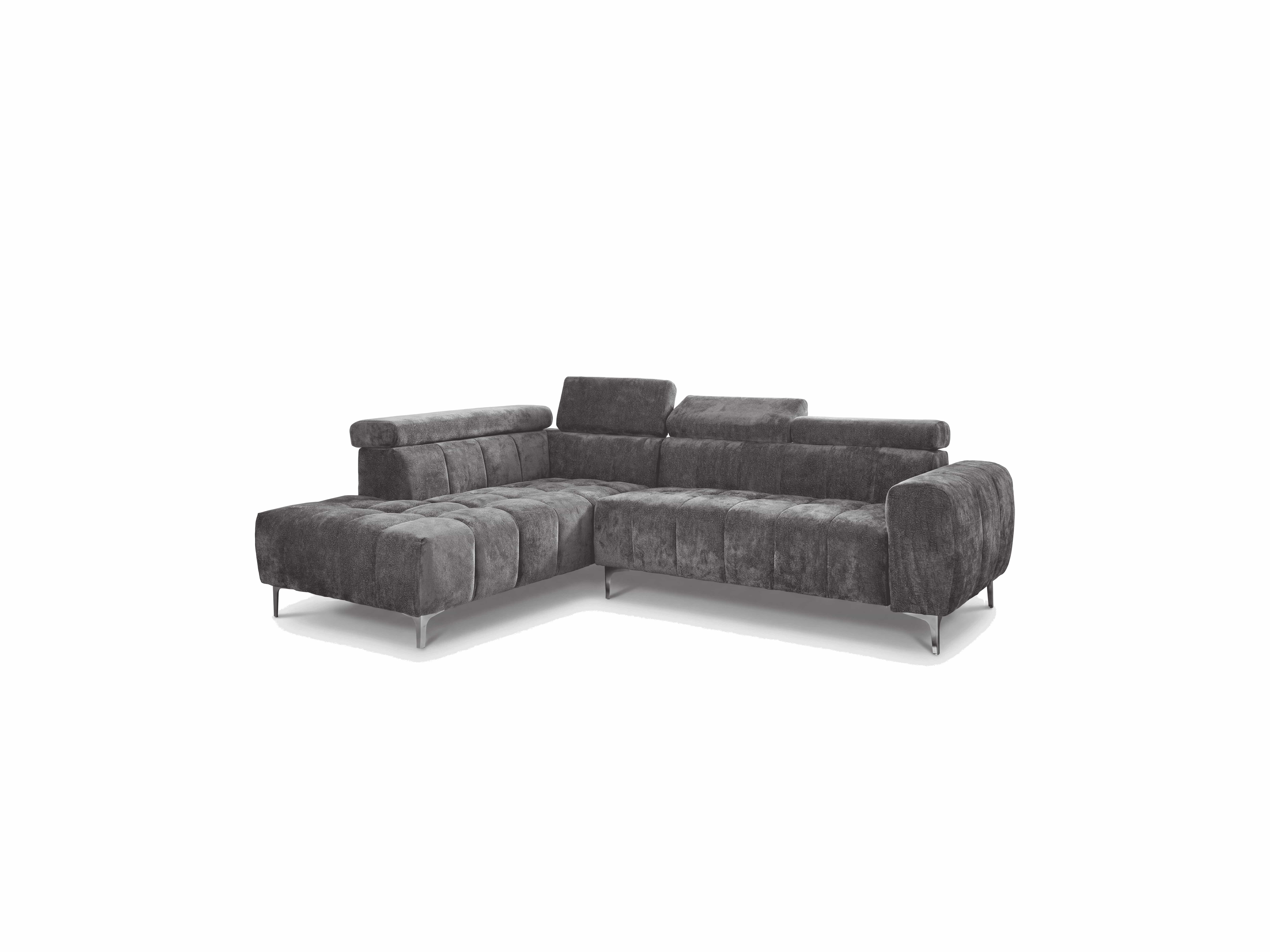 Ecksofa Kabs mit dunkelgrauem Stoffbezug, gesteppter Sitzfläche, Armlehnen und verstellbaren Kopfstützen