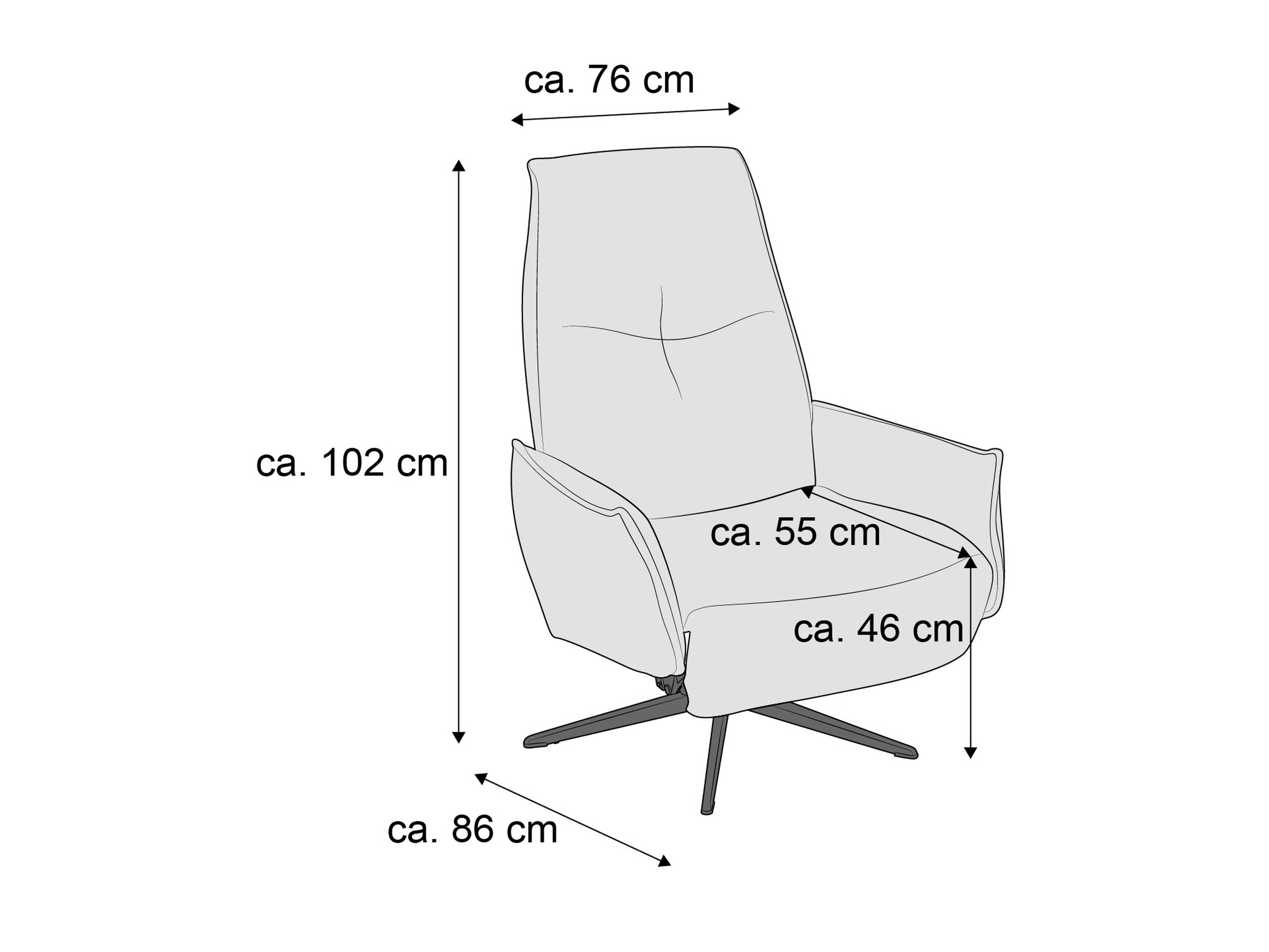 Sessel mit hoher Rückenlehne, Armlehnen und Drehgestell, Sitzfläche gepolstert, skizzierte Maße