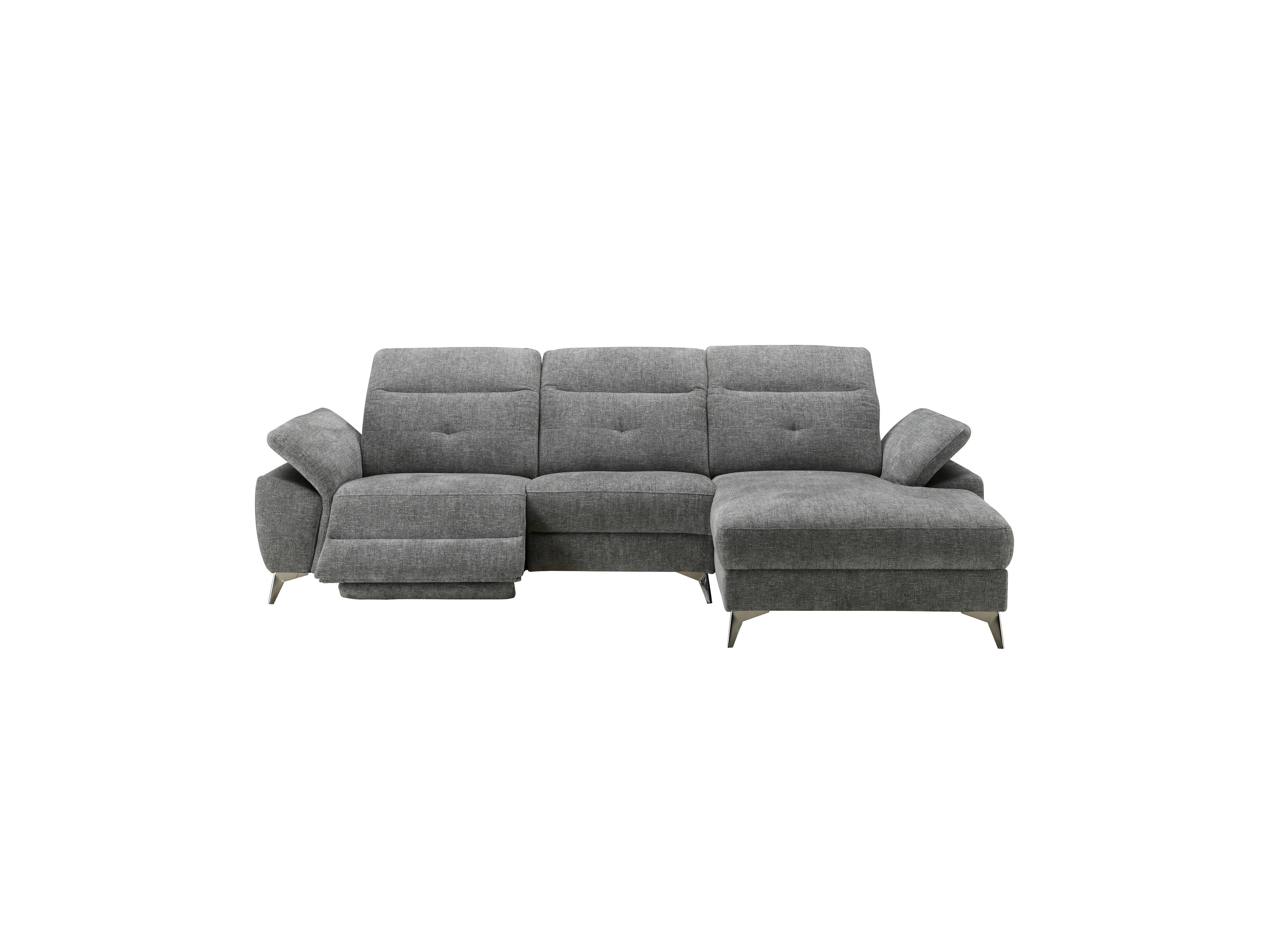Ecksofa Kabs mit grauem Stoffbezug, gepolsterten Rückenlehnen und verstellbaren Armlehnen