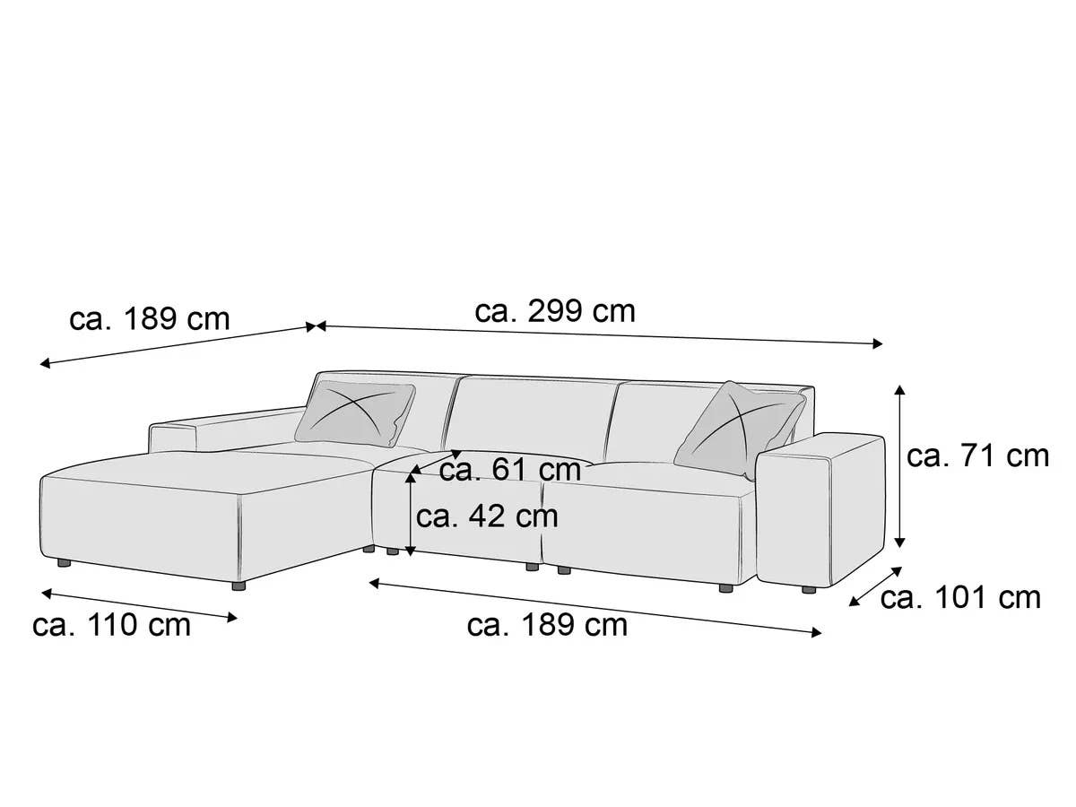 Ecksofa mit Armlehnen, bezogen mit Stoff, helle Farbe, kubische Form, zwei Rückenkissen