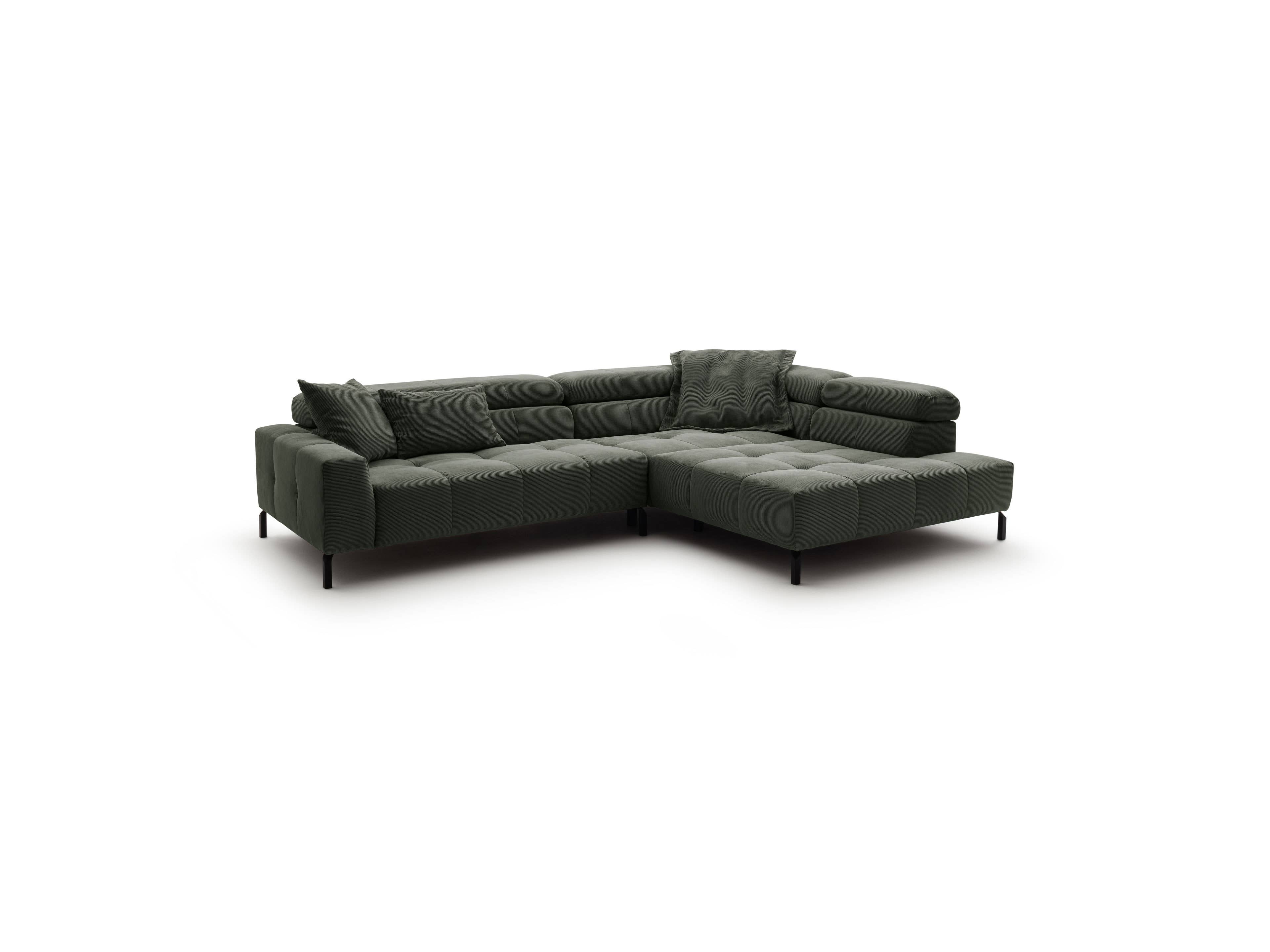 Ecksofa Kabs Polsterwelt mit dunkelgrünem Stoffbezug, Steppung, Armlehnen und schwarzen Füßen