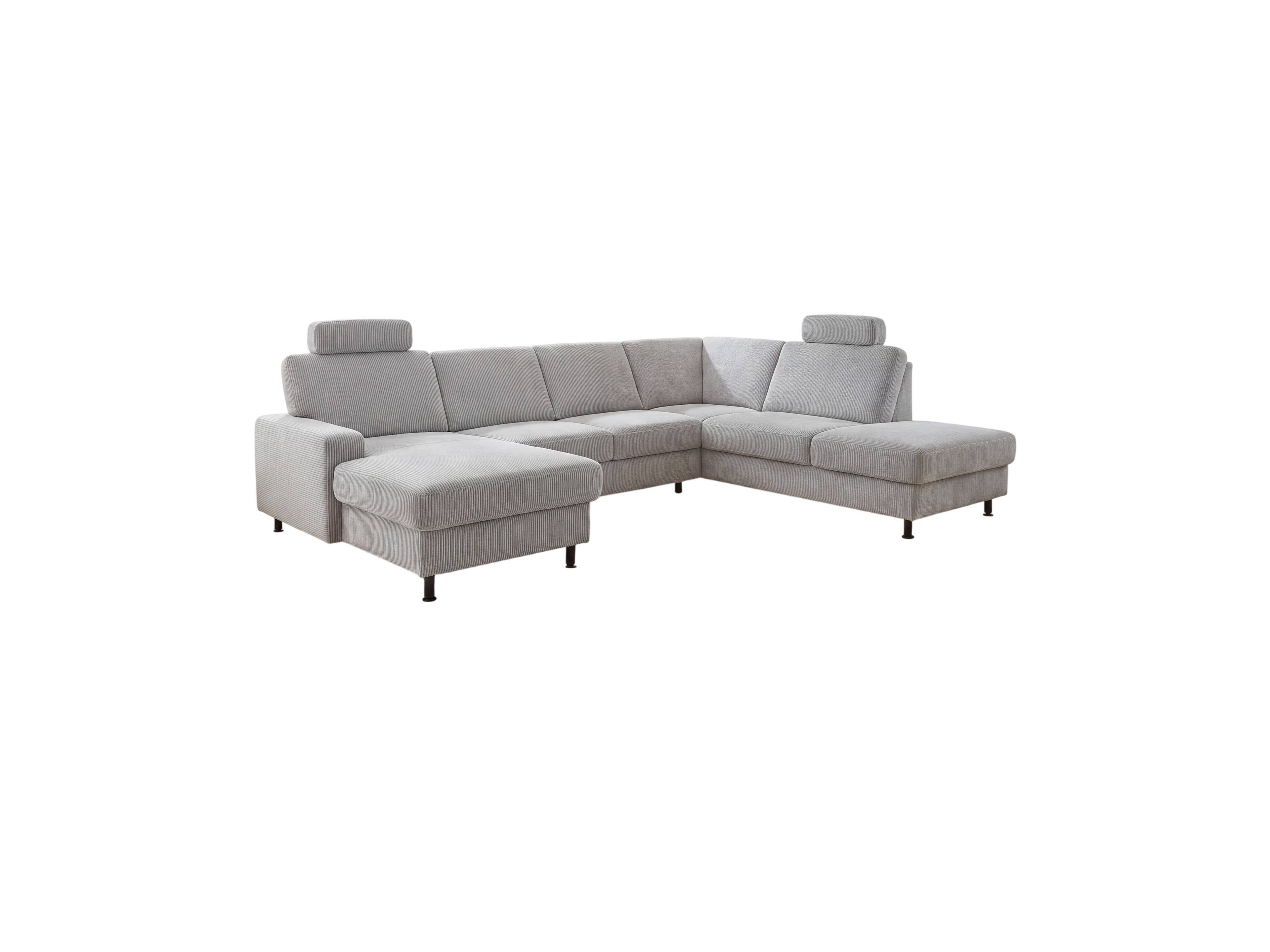 Ecksofa Livio mit grauem Cordbezug, linksseitiger Ottomane, zwei Kopfstützen, schwarze Füße