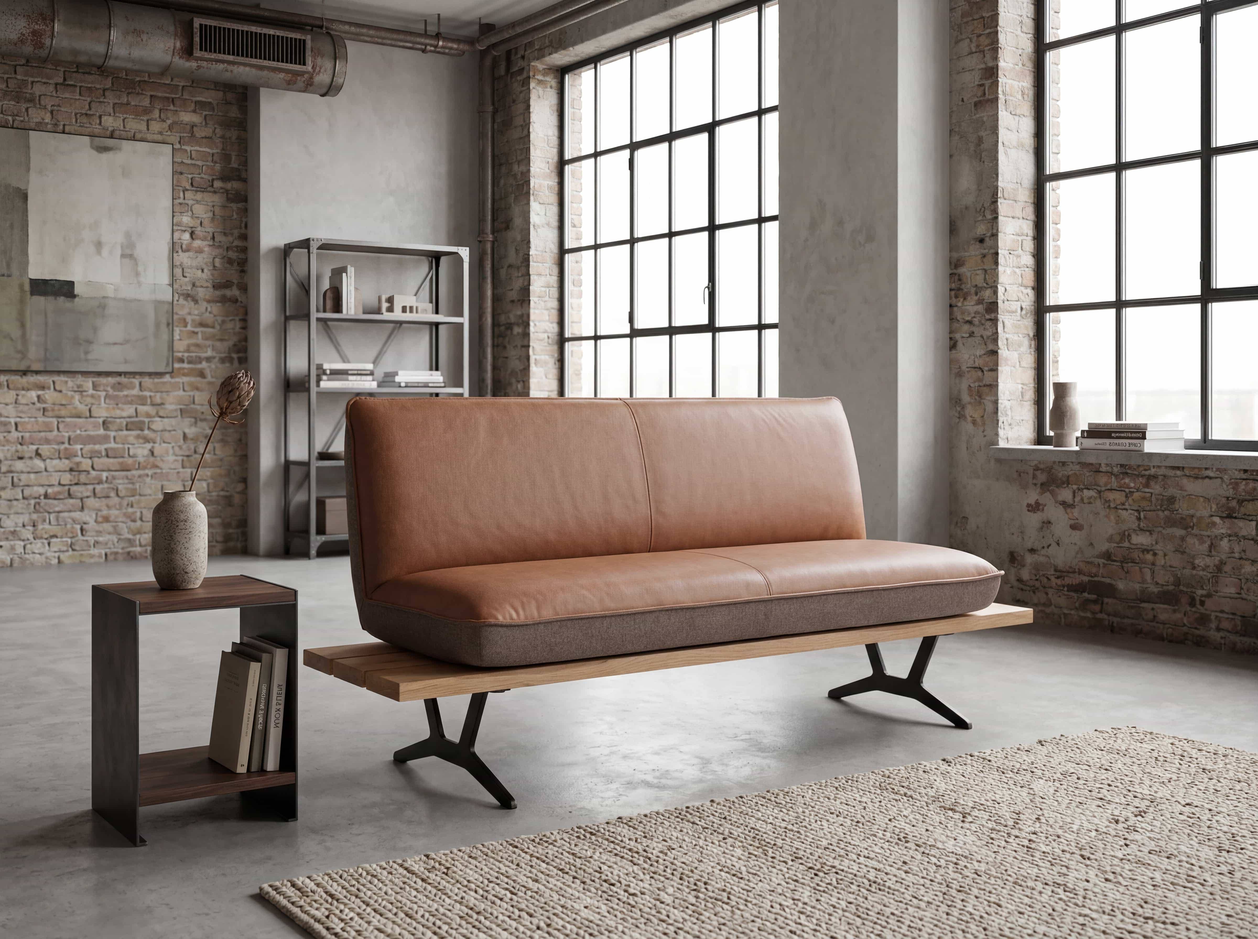 3-Sitzer Sofa mit braunem Lederbezug, gepolsterter Rückenlehne und Holzsitzbank auf Metallfüßen