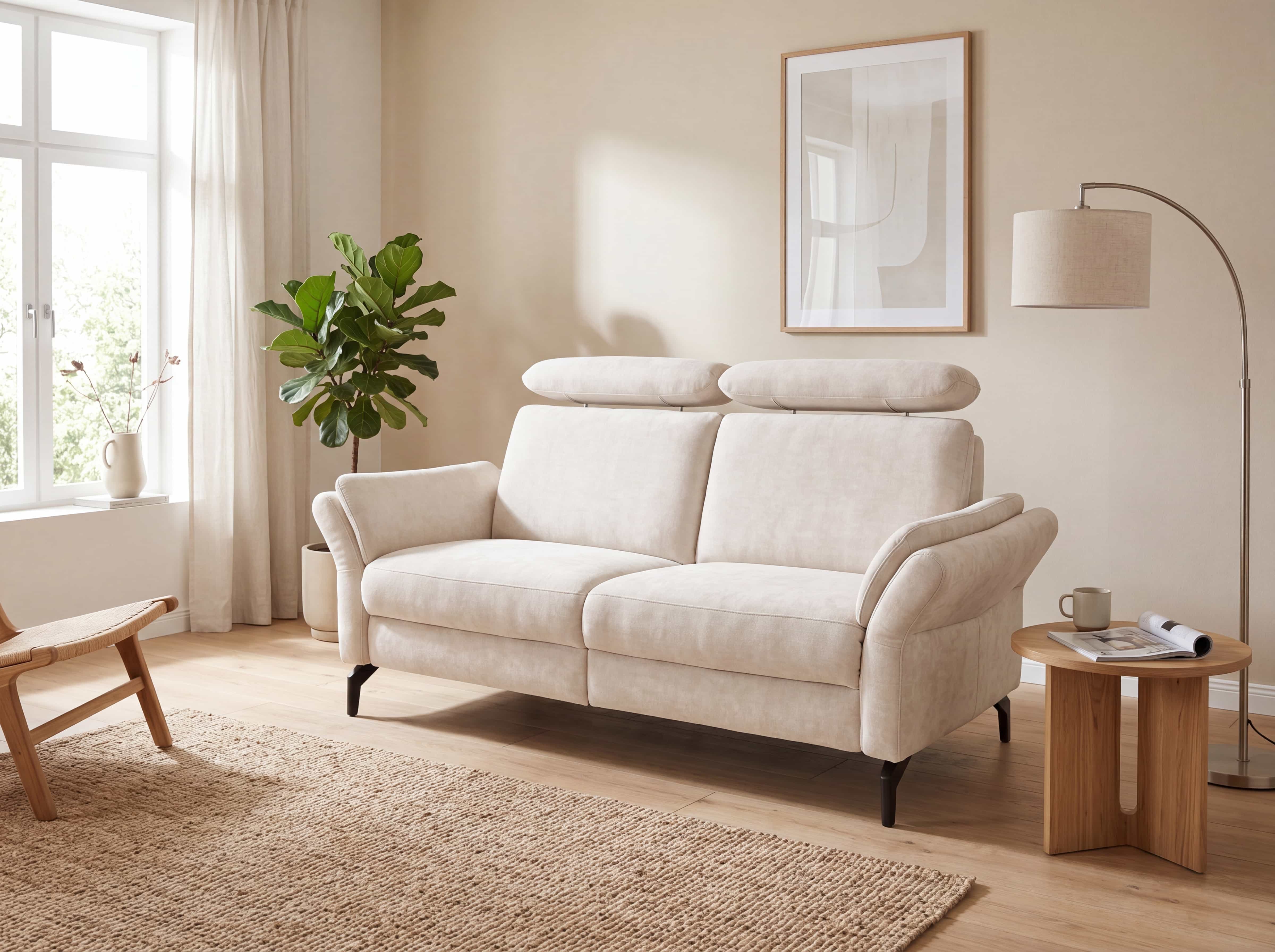 2-Sitzer-Sofa mit verstellbaren Kopfstützen, cremefarbenem Stoffbezug, gepolsterten Armlehnen und schwarzen Füßen