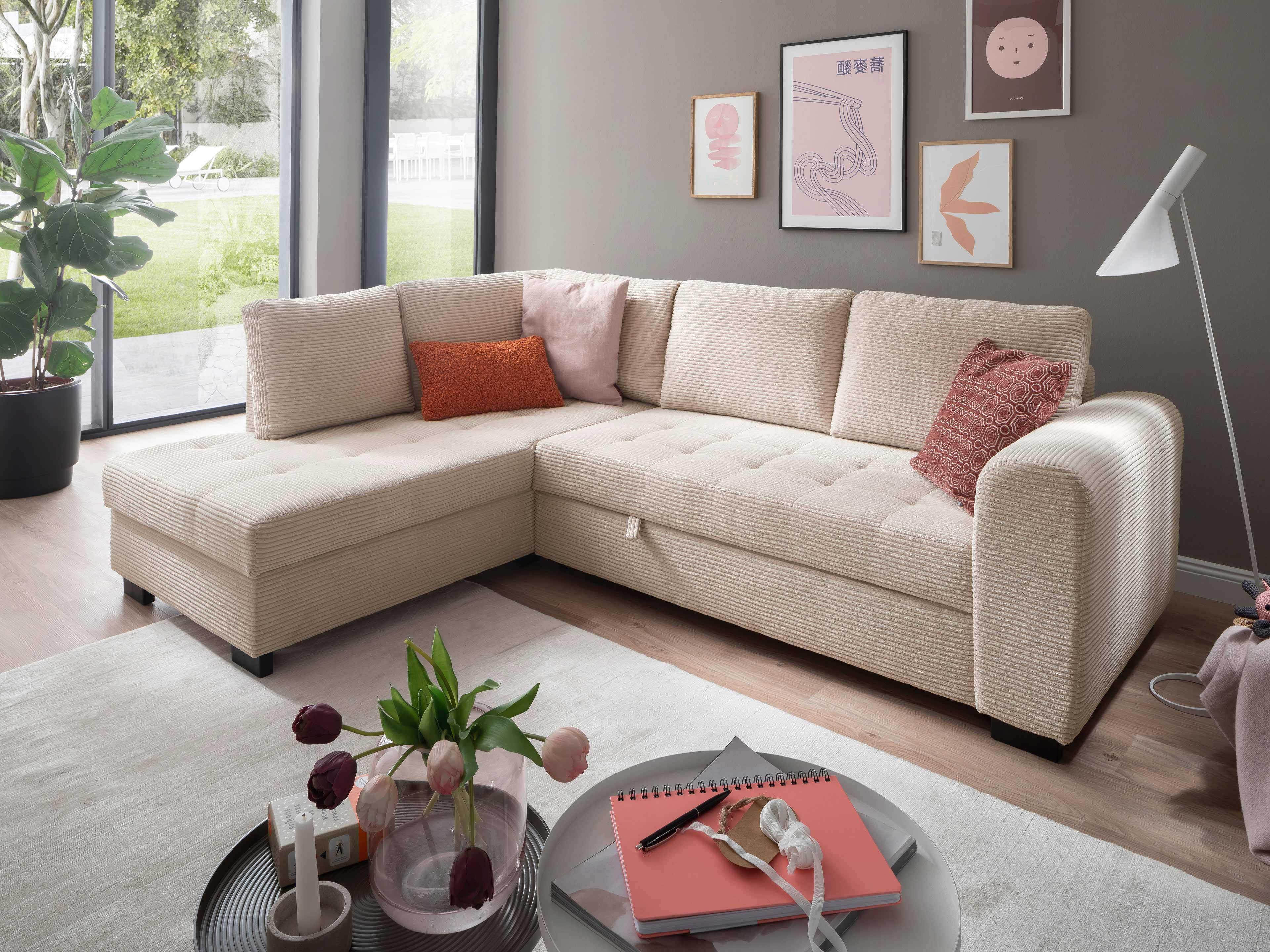 Ecksofa Kabs Polsterwelt mit beige gestreiftem Cordbezug, gepolsterte Sitzfläche, Armlehne links