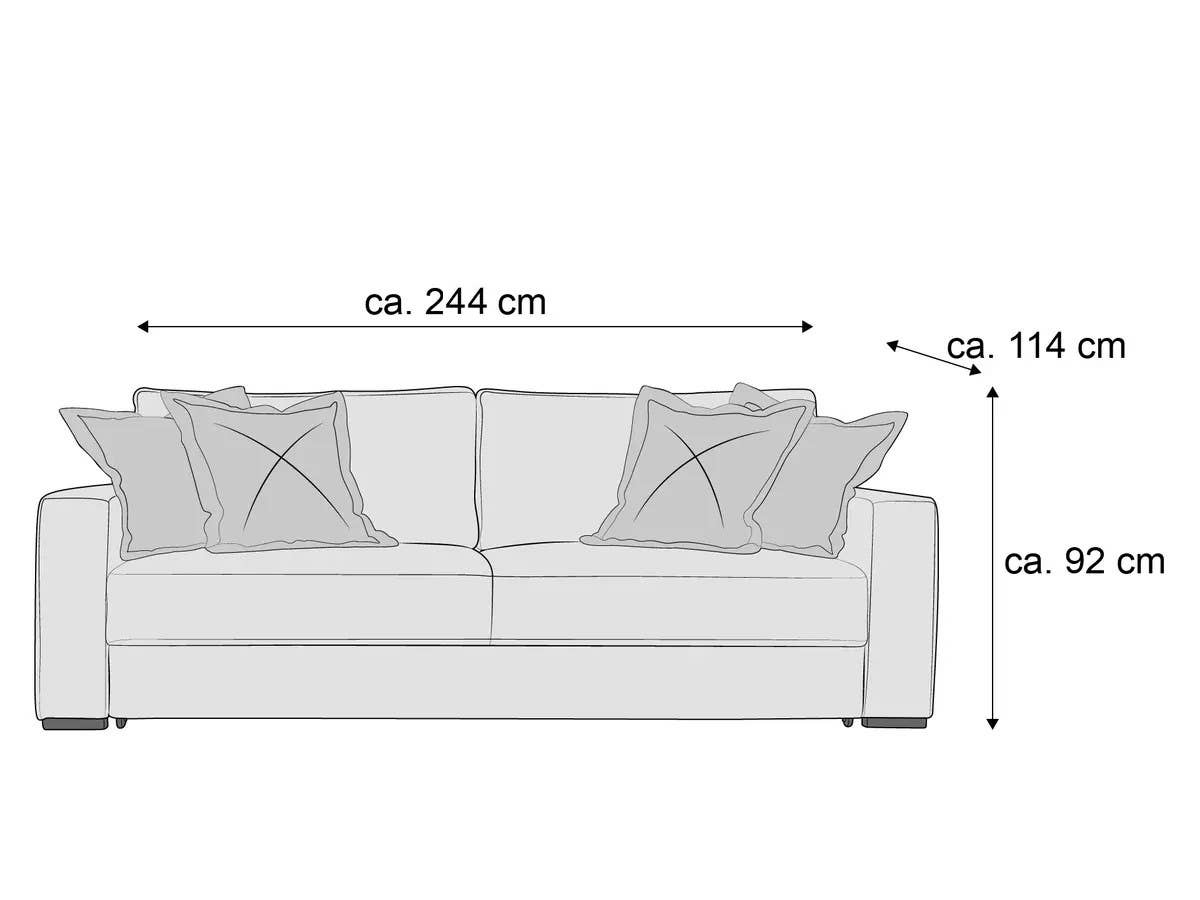 3-Sitzer Sofa mit Armlehnen, vier Kissen, rechteckiger Form und sichtbaren Maßen in der Zeichnung