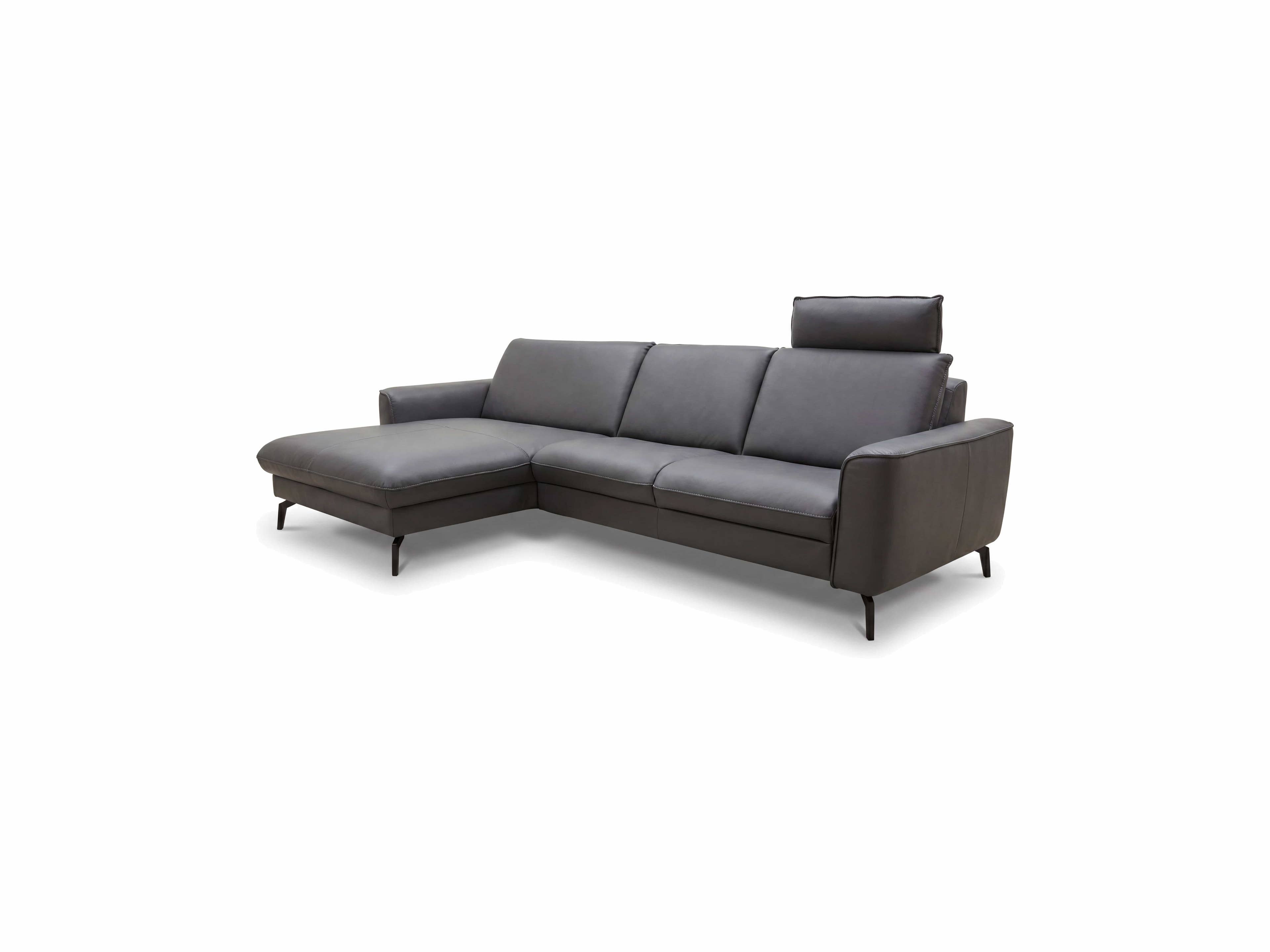 Ecksofa Livorno mit grauem Lederbezug, Armlehnen, verstellbarer Kopfstütze und Metallfüßen