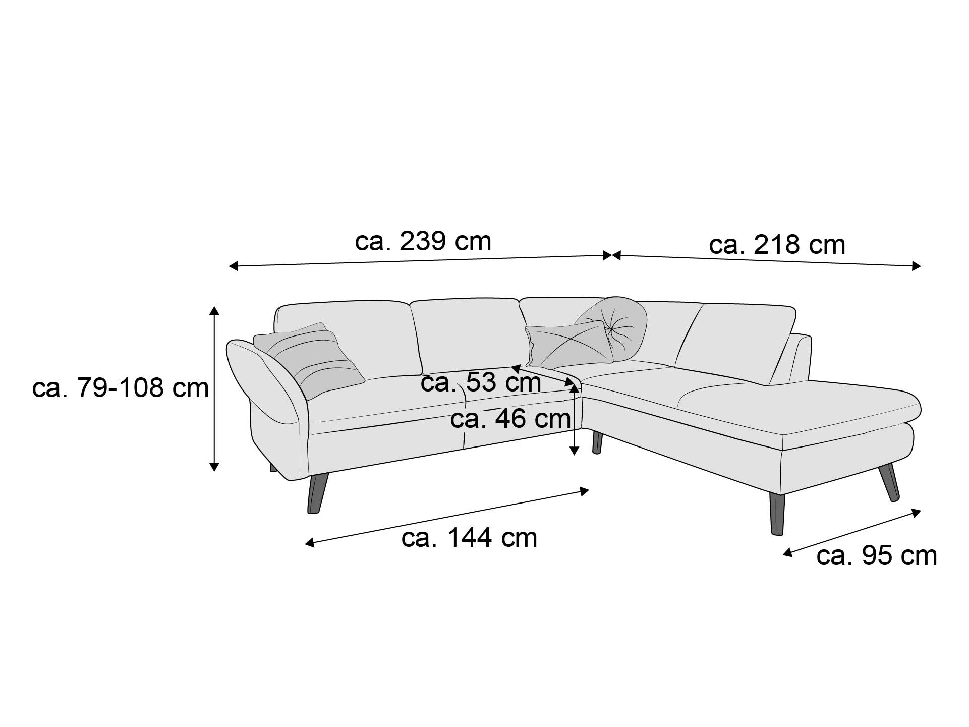Ecksofa mit Stoffbezug, L-Form, sichtbaren Armlehnen, Polsterung und vier schrägen Sofafüßen