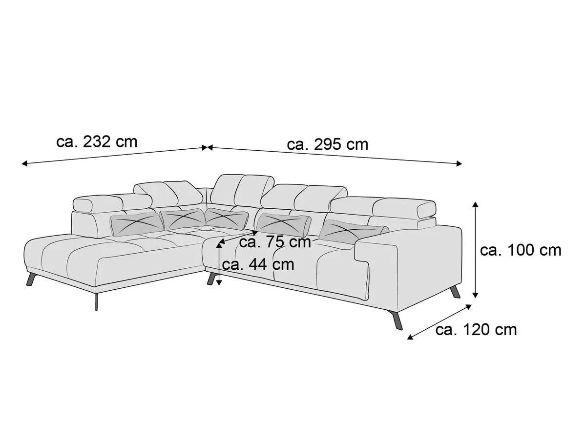 Ecksofa mit verstellbaren Kopfstützen, gepolsterten Armlehnen und sichtbaren, ausgestellten Füßen
