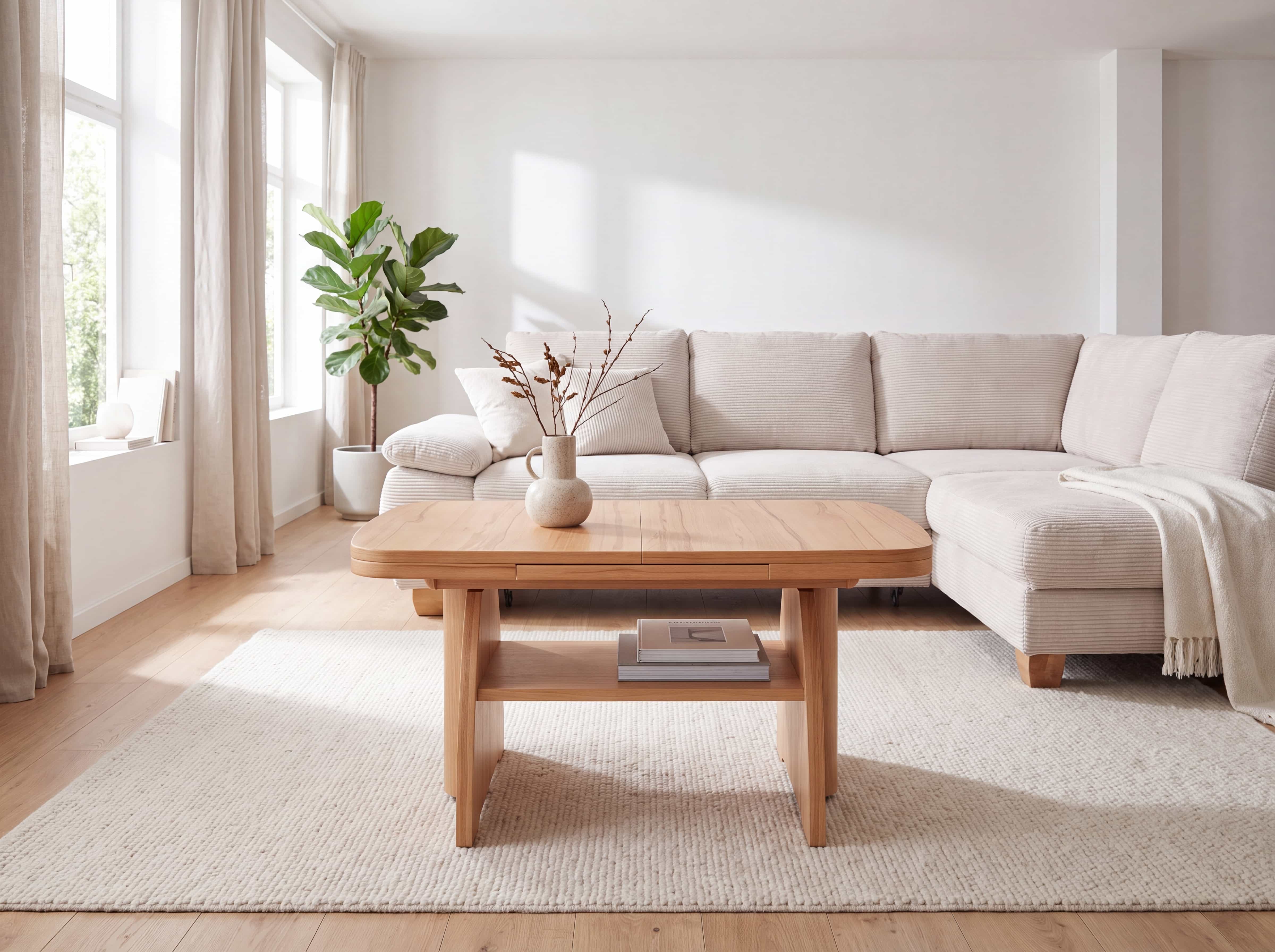 Ecksofa mit hellem, geripptem Stoffbezug, gepolsterter Rückenlehne und breiten Armlehnen