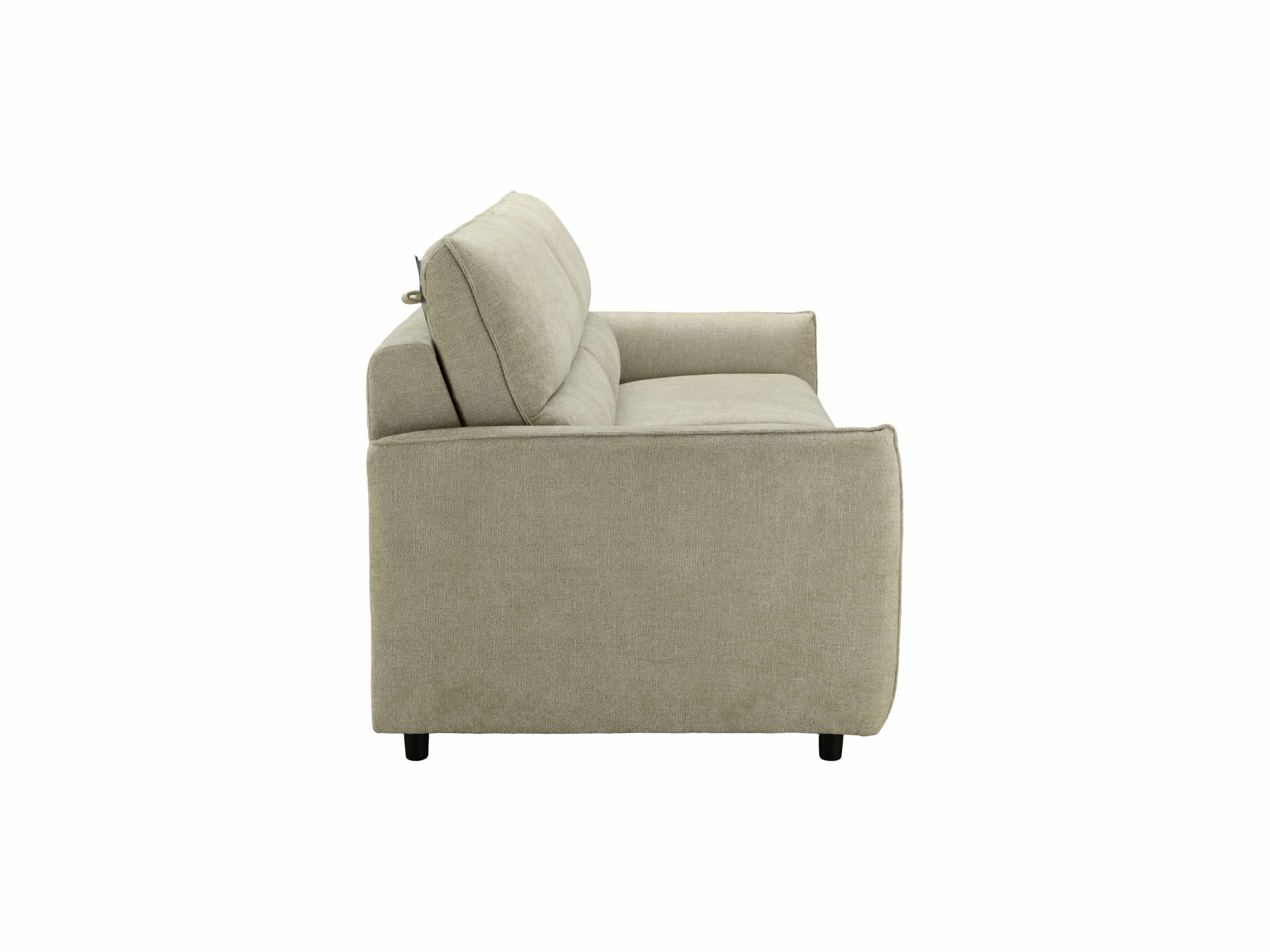 Sofa – sandfarbener Bezug, kantige Armlehne, gepolsterte Rückenlehne, schwarze Füße
