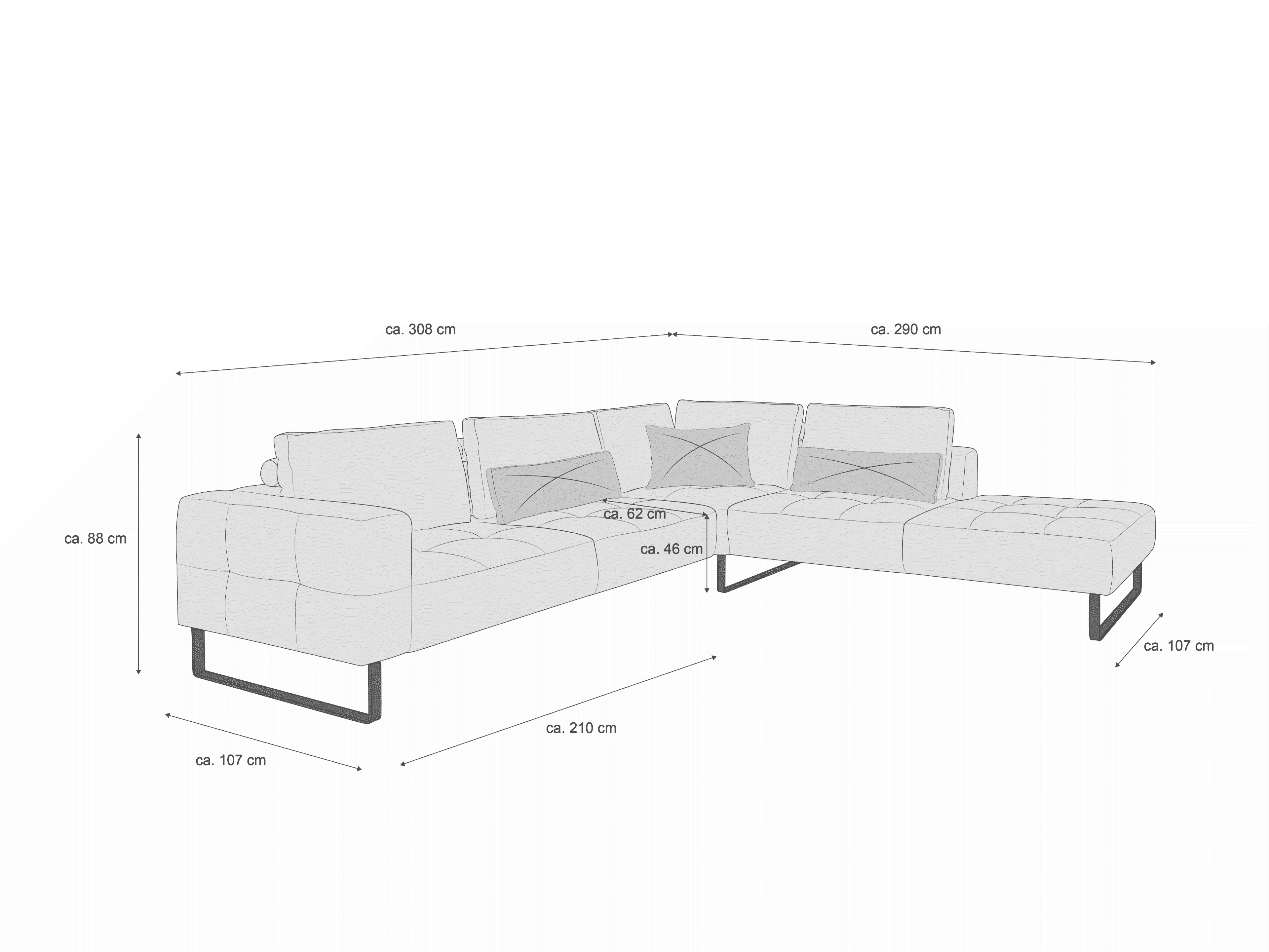 Ecksofa mit Stoffbezug in heller Farbe, Metallkufen, gepolsterte Rückenlehnen und Sitzflächen