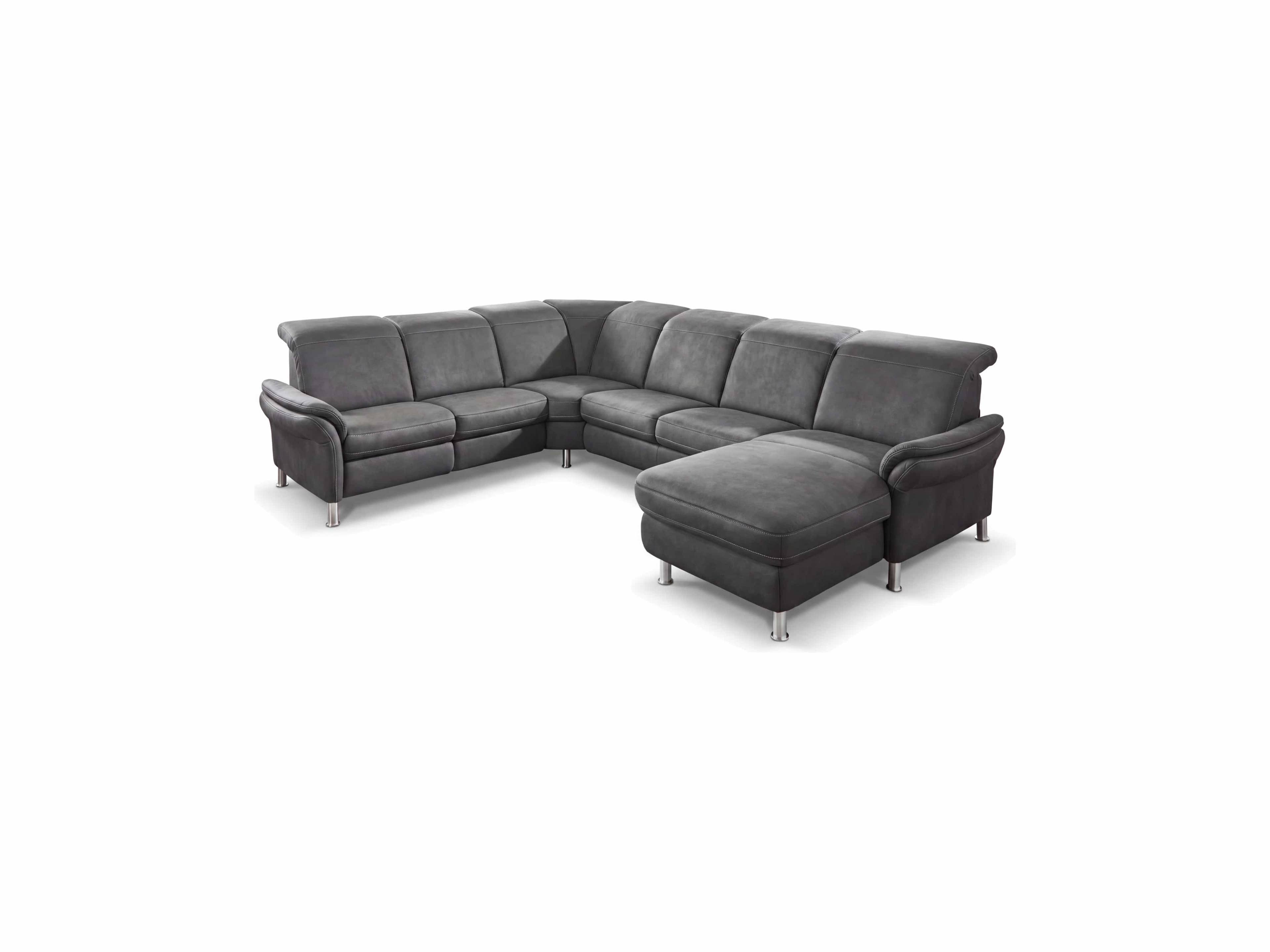 Ecksofa Kabs Polsterwelt mit grauem Stoffbezug, gepolsterten Armlehnen und silbernen Füßen