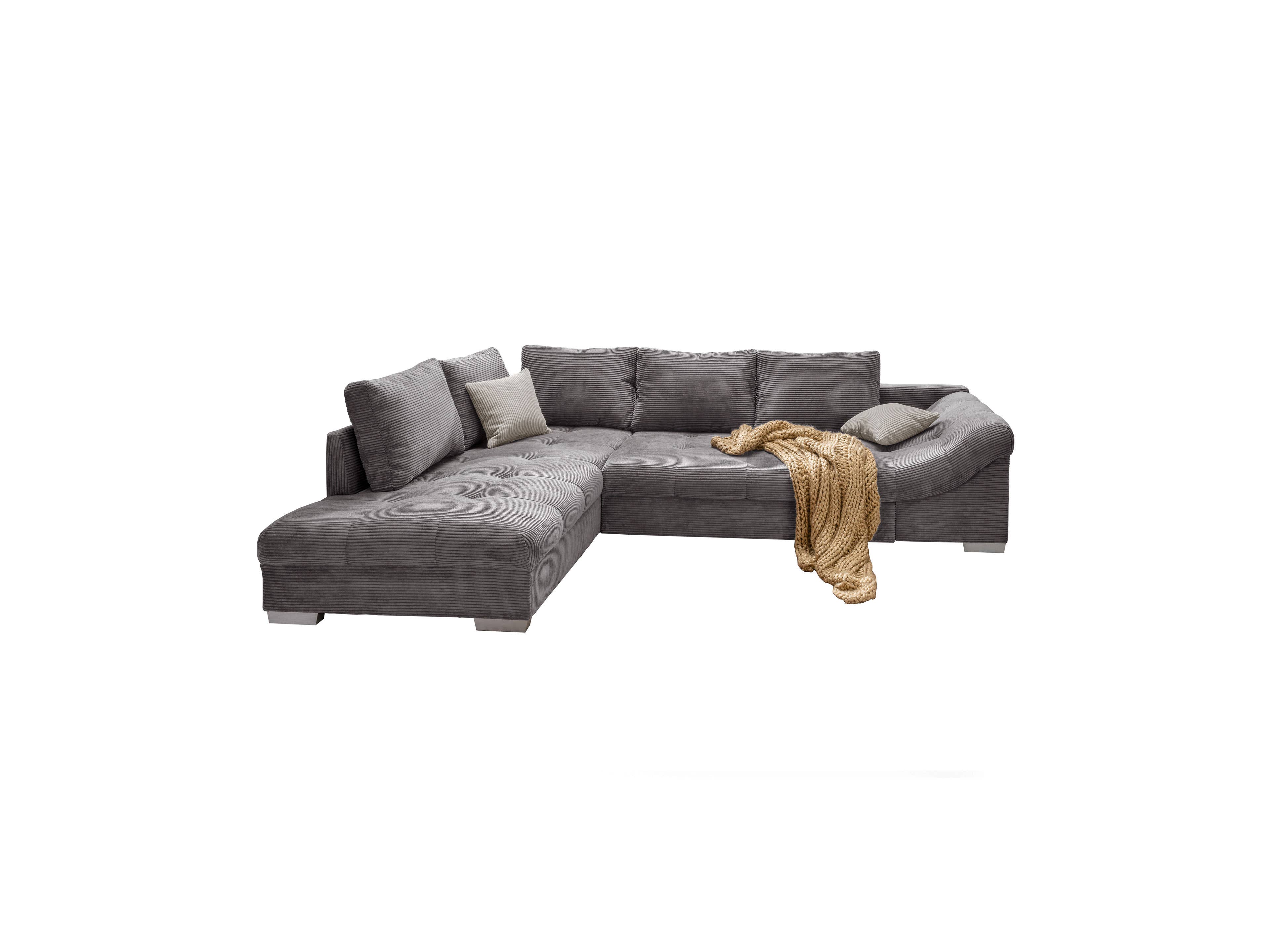 Ecksofa in L-Form aus grauem Cordstoff mit gepolsterten Rückenlehnen, Armlehnen und Kissen