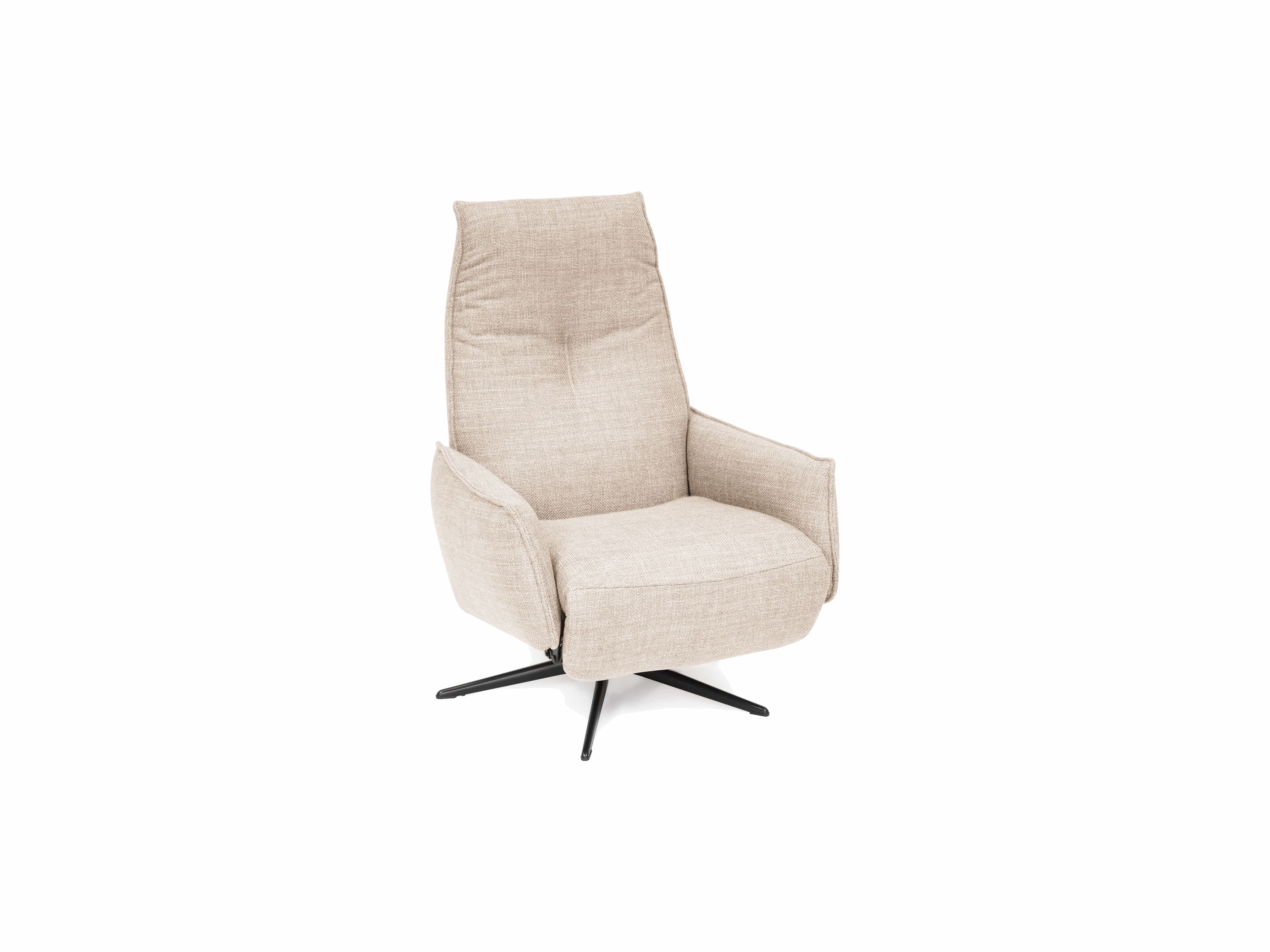 Drehsessel Hanna mit beige Stoffbezug, hoher Rückenlehne, Armlehnen und schwarzem Metallfuß