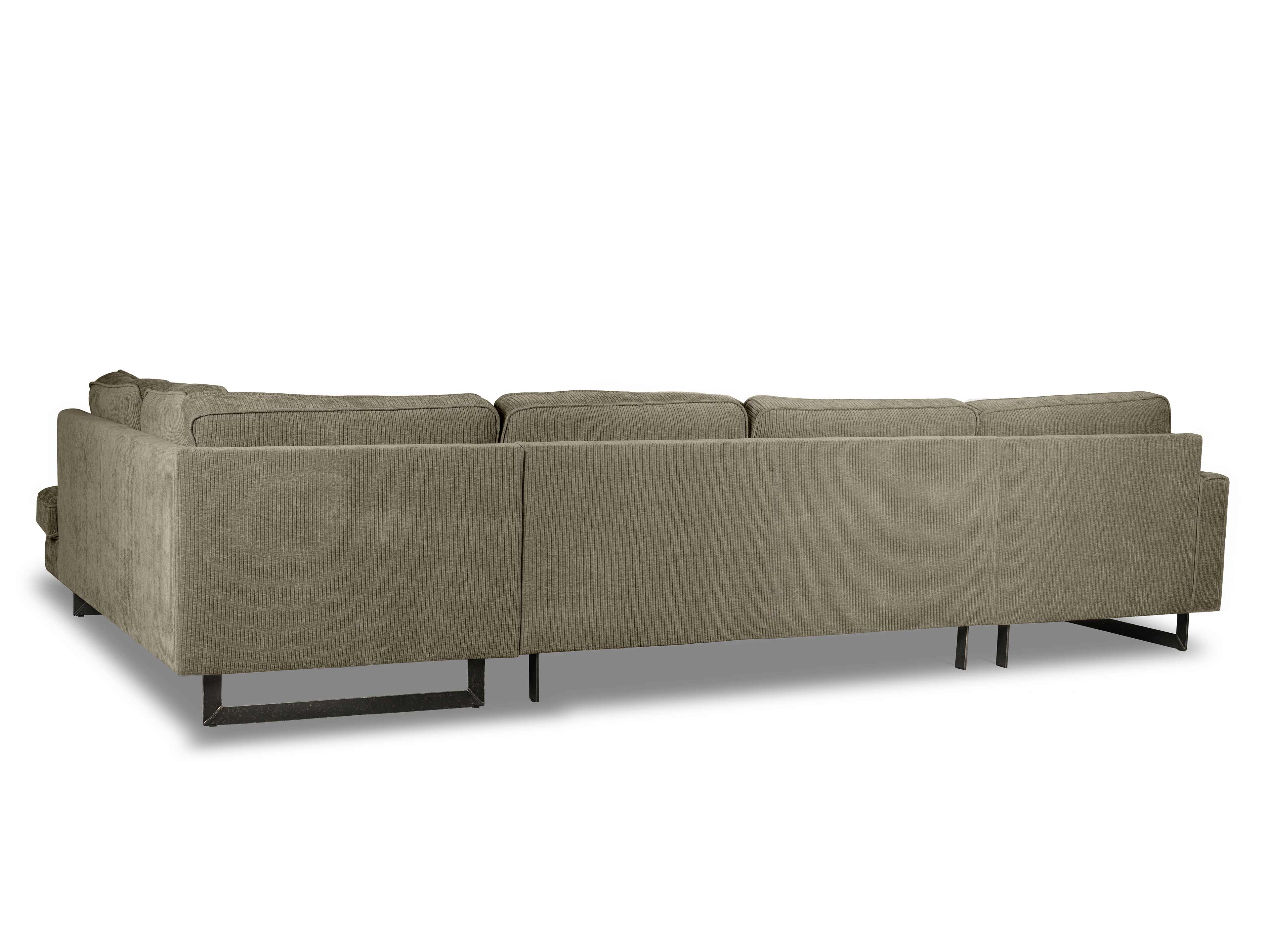 Ecksofa mit beigem Stoffbezug, gerader Rückenlehne und schwarzen Metallfüßen, Rückansicht