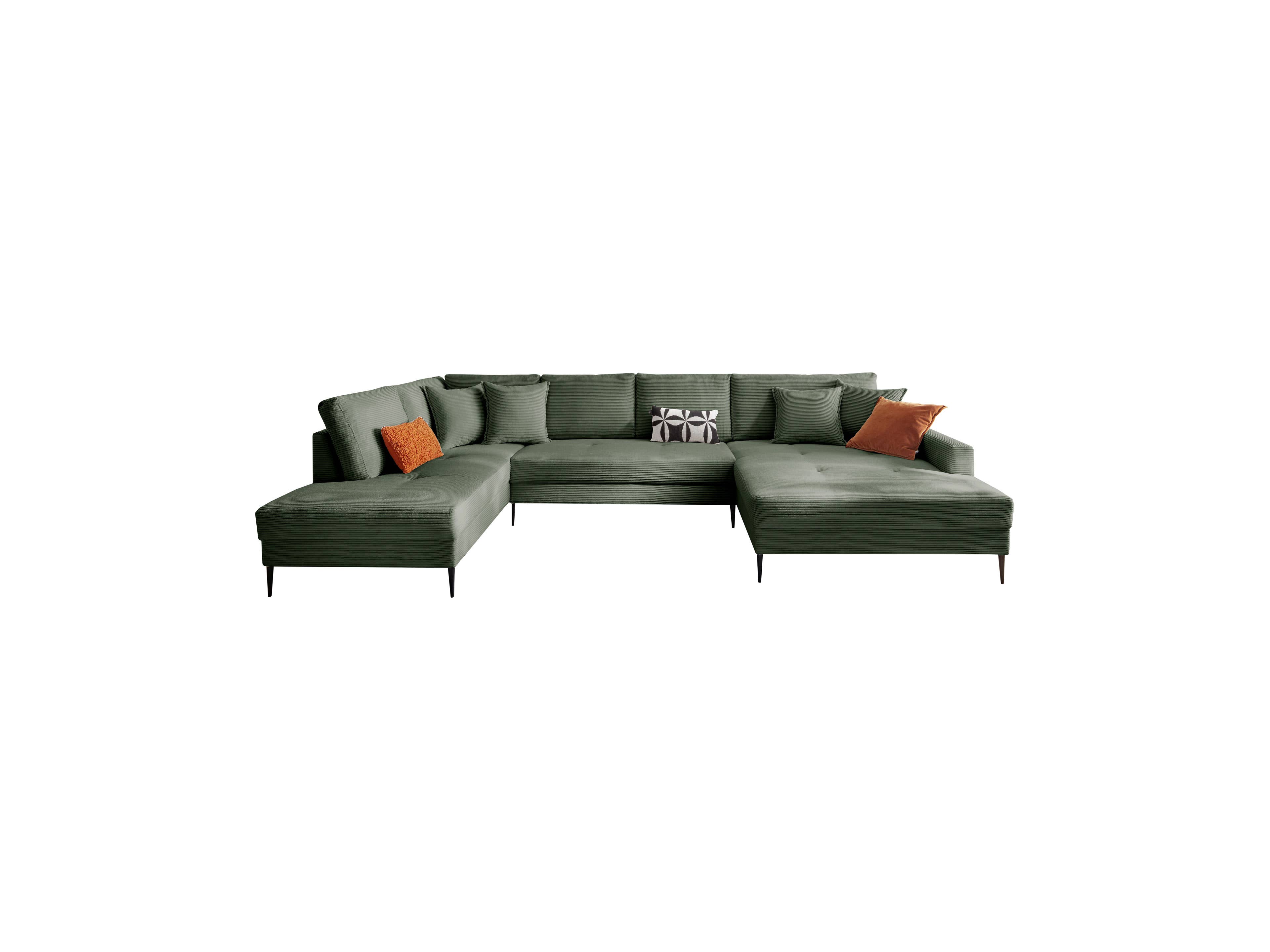 Ecksofa Style in L-Form mit grünem Cordbezug, schwarzen Füßen und mehreren Kissen