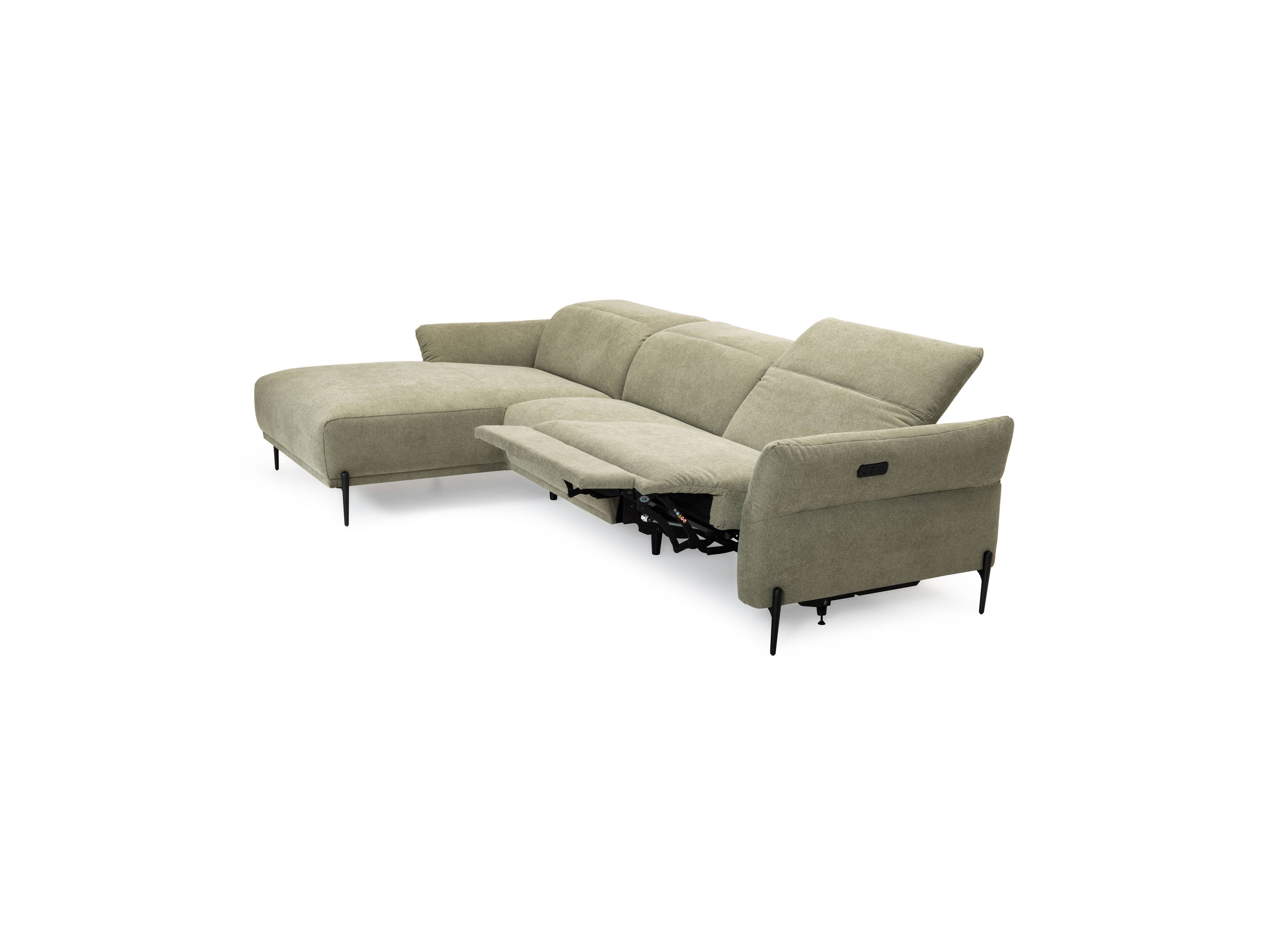 Ecksofa Kano mit hellgrünem Stoffbezug, Polsterung, verstellbarem Sitz und schwarzen Metallfüßen