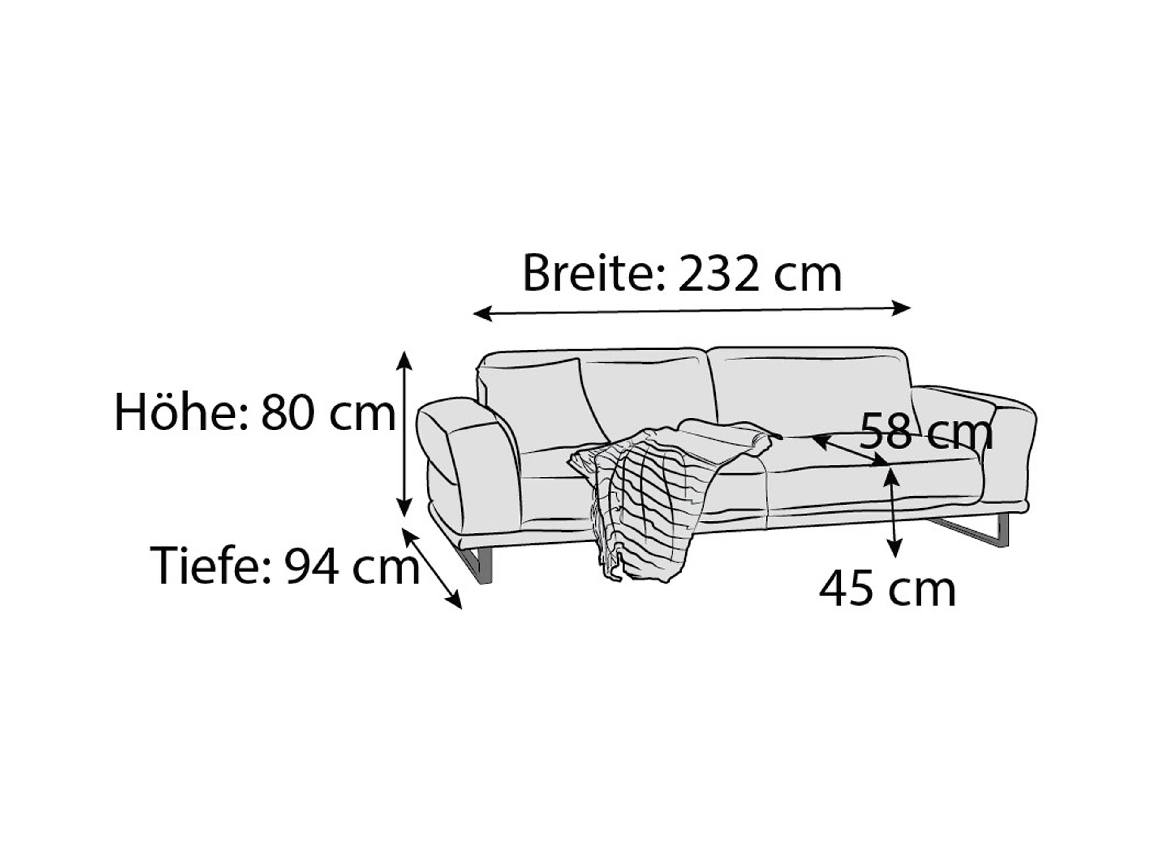 3-Sitzer Sofa mit Armlehnen, gepolsterten Rückenkissen und Metallfüßen, Maße und Decke sichtbar
