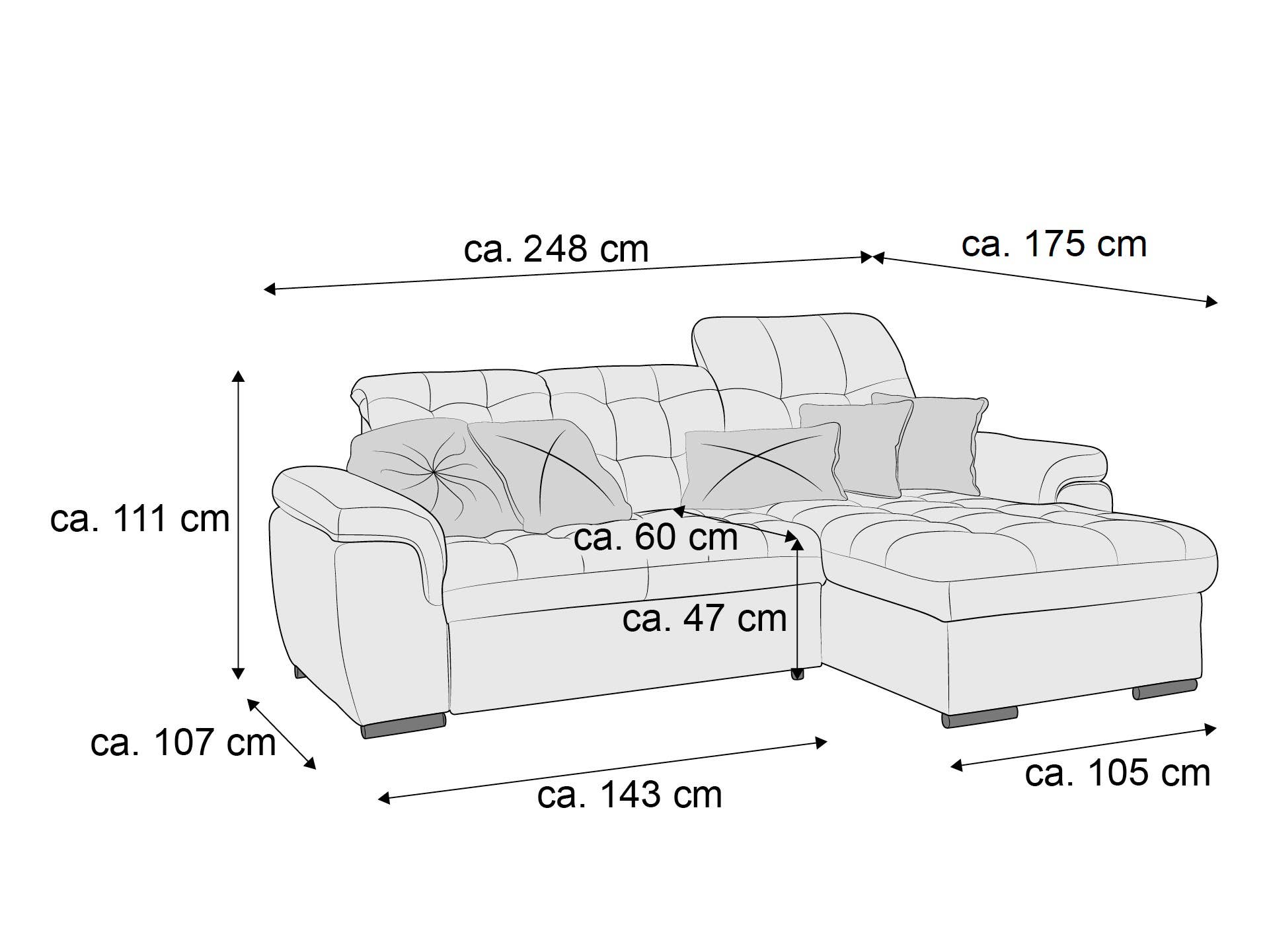 Ecksofa Kabs Polsterwelt mit Stoffbezug, hell, Steppung, Armlehnen, Polsterung und Kissen.