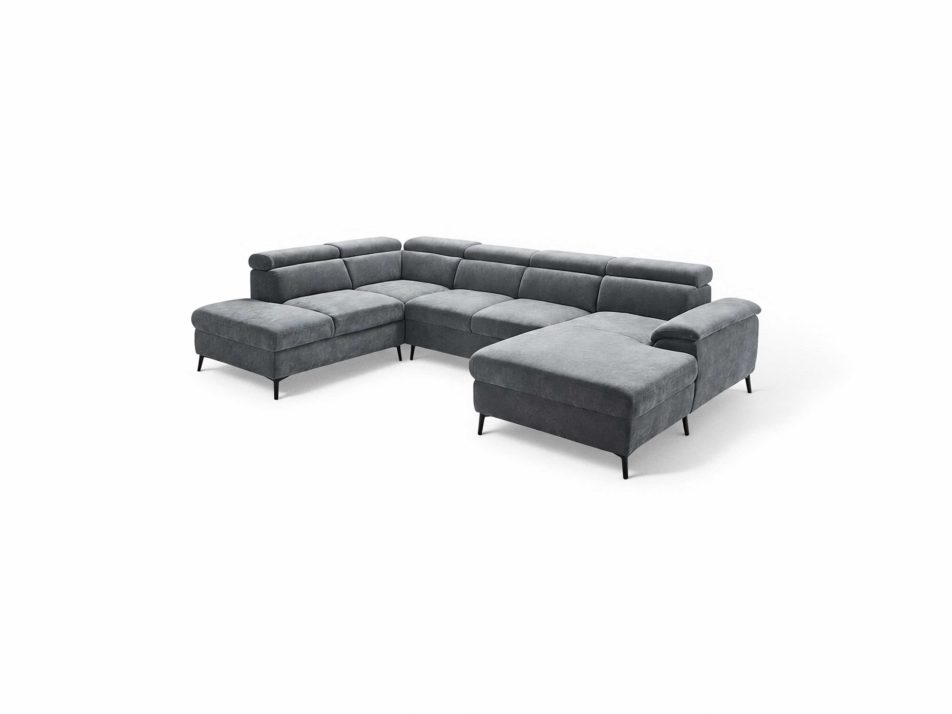 Ecksofa in L-Form mit grauem Stoffbezug, verstellbaren Kopfstützen und schwarzen Metallfüßen
