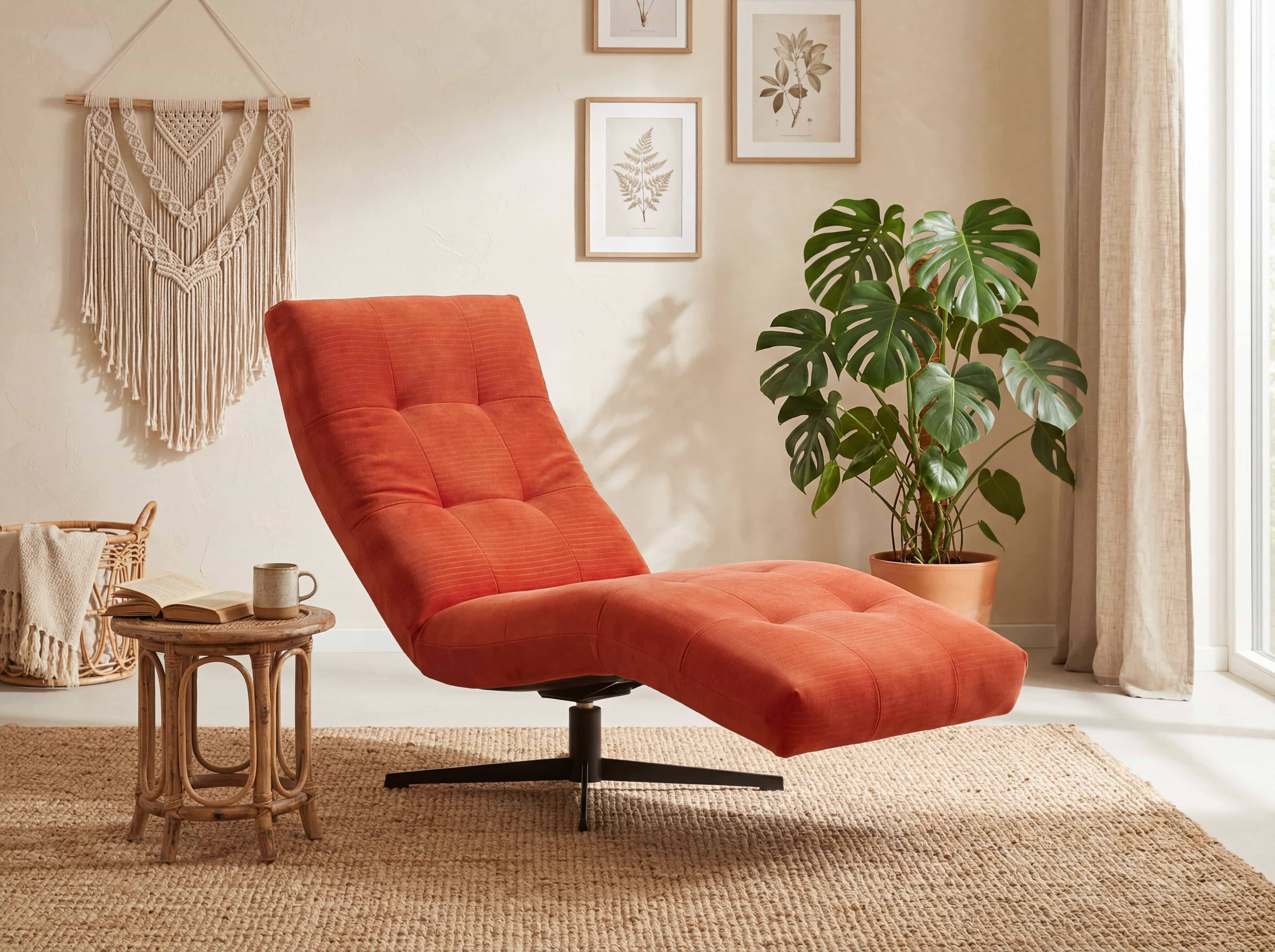 Relaxsessel Malaga mit orangefarbenem Stoffbezug, verstellbarer Liegefläche und schwarzem Fußkreuz.