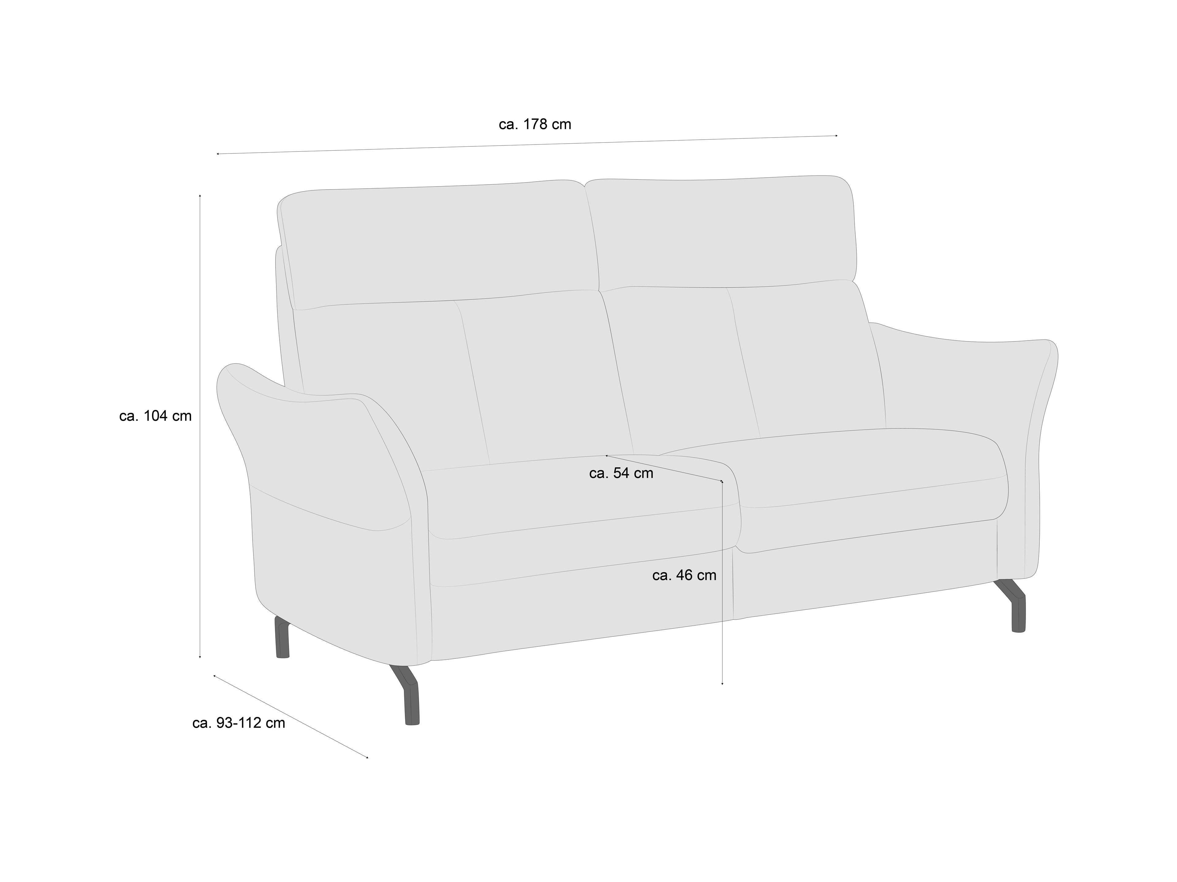 2-Sitzer Sofa mit hoher Rückenlehne, gepolsterten Armlehnen und sichtbaren, schmalen Metallfüßen