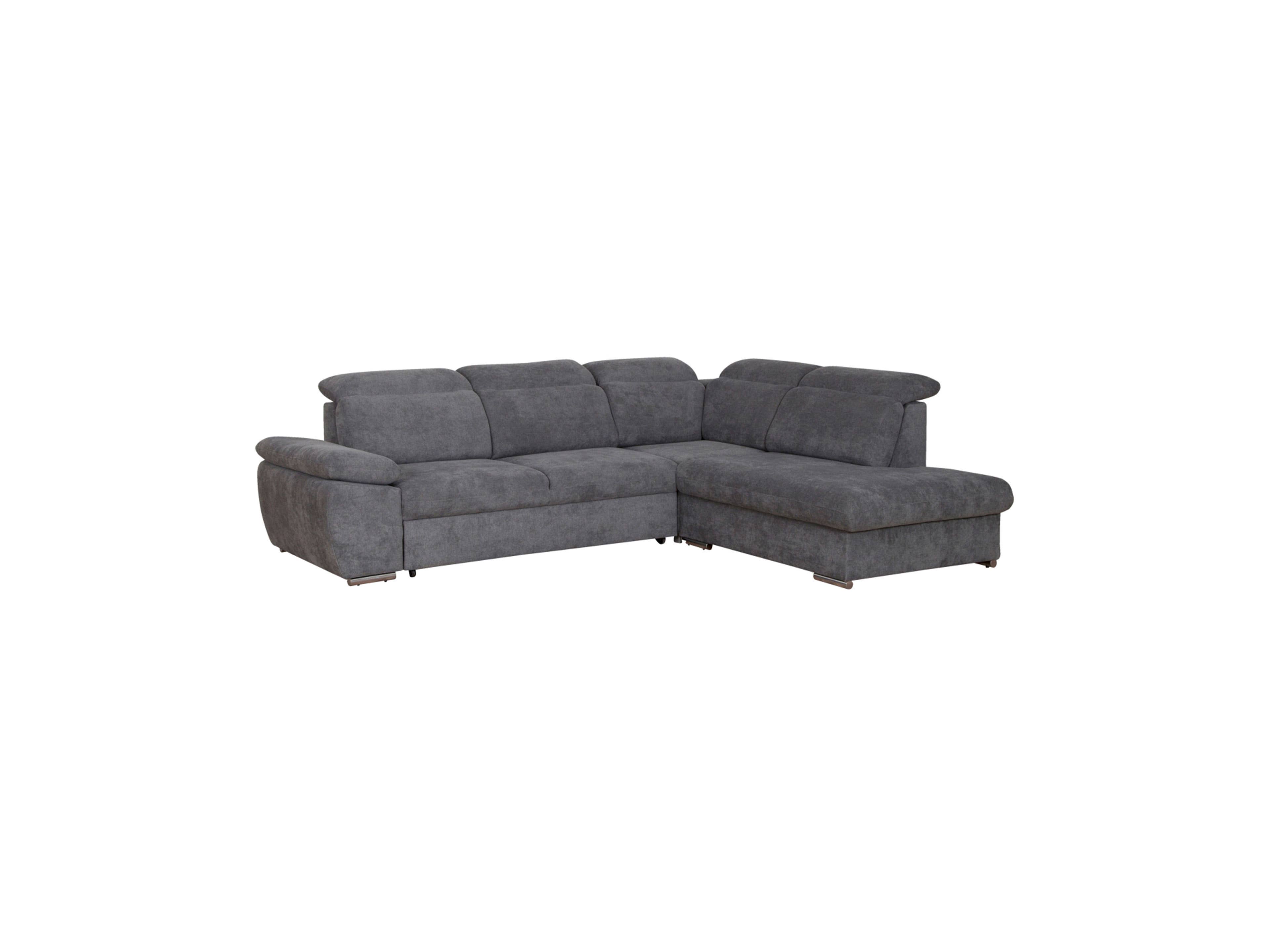 Ecksofa Palladio mit grauem Stoffbezug, gepolsterter Rückenlehne und breiten Armlehnen