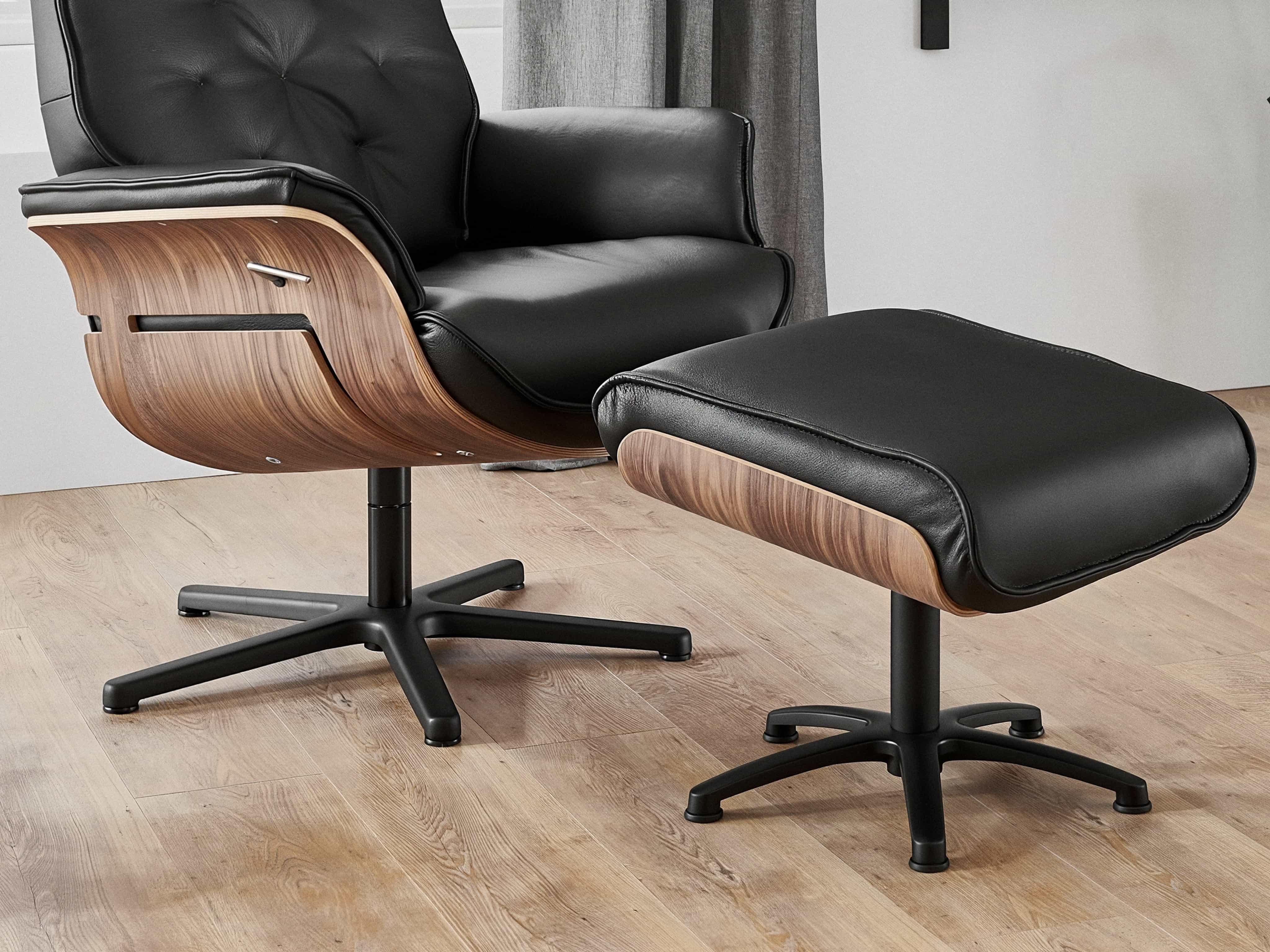 Relaxsessel mit Hocker, schwarze Lederpolsterung, gebogenes Holzgestell, Metallfuß, Rückenlehne