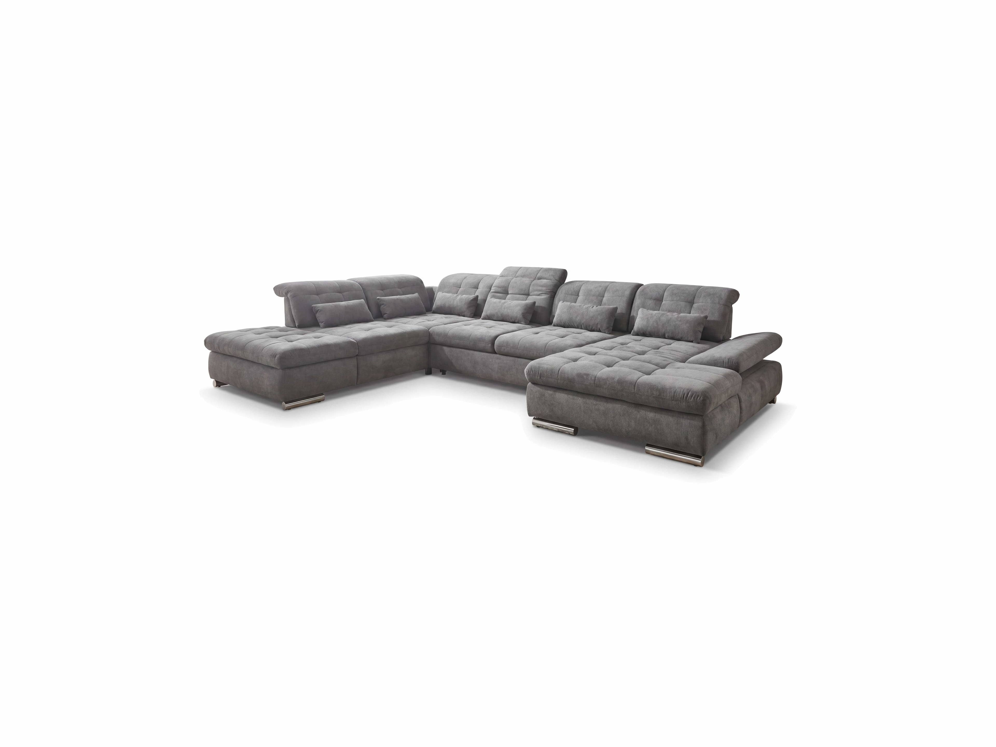 Ecksofa mit grauem Stoffbezug, gepolsterten Rückenlehnen, Armlehne rechts und chromfarbenen Füßen