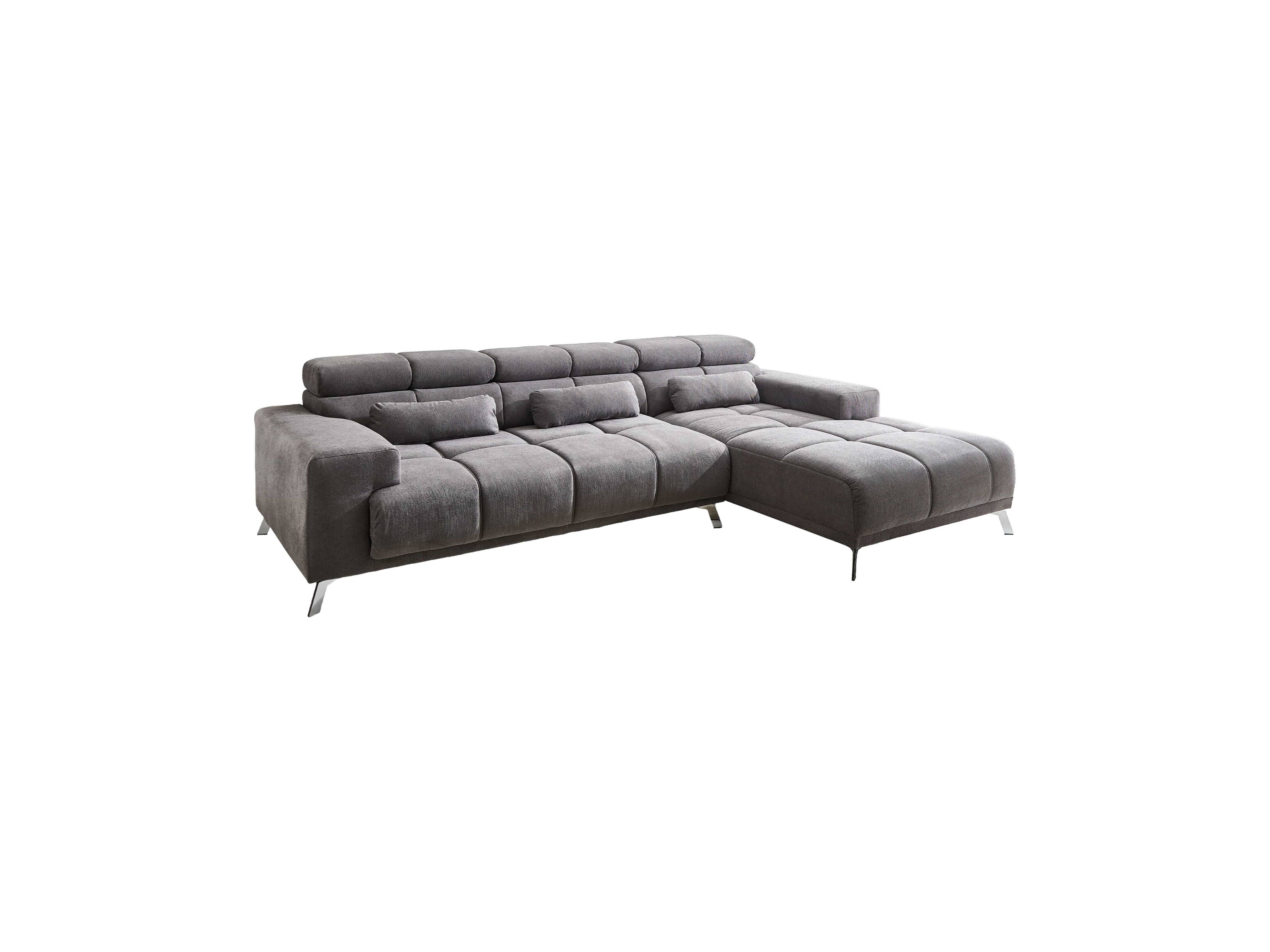 Ecksofa Lord mit grauem Stoffbezug, verstellbaren Kopfstützen, Armlehnen und Metallfüßen