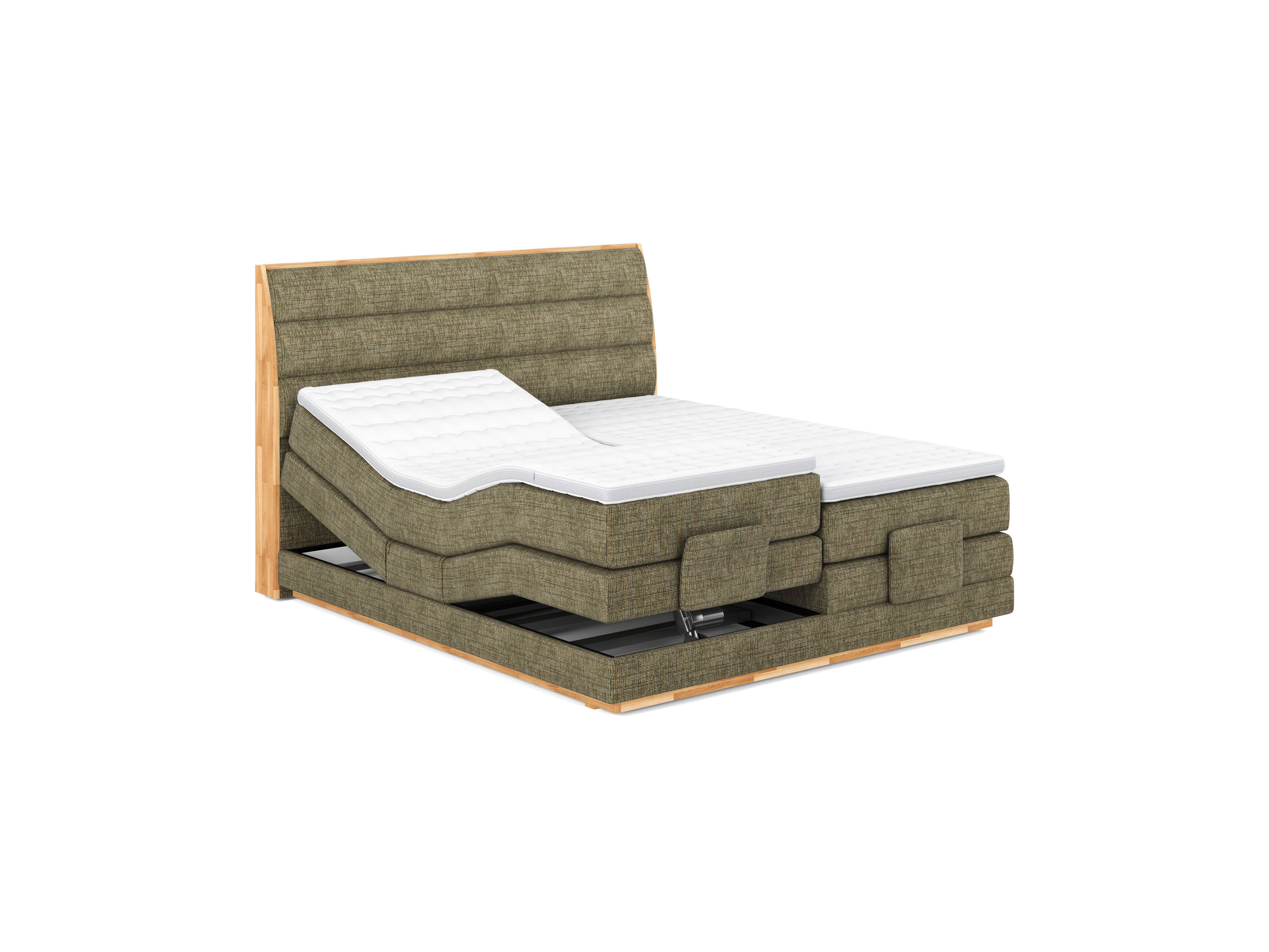 Boxspringbett mit Holzrahmen, gepolstertem Kopfteil in Grün, geteilter verstellbarer Liegefläche