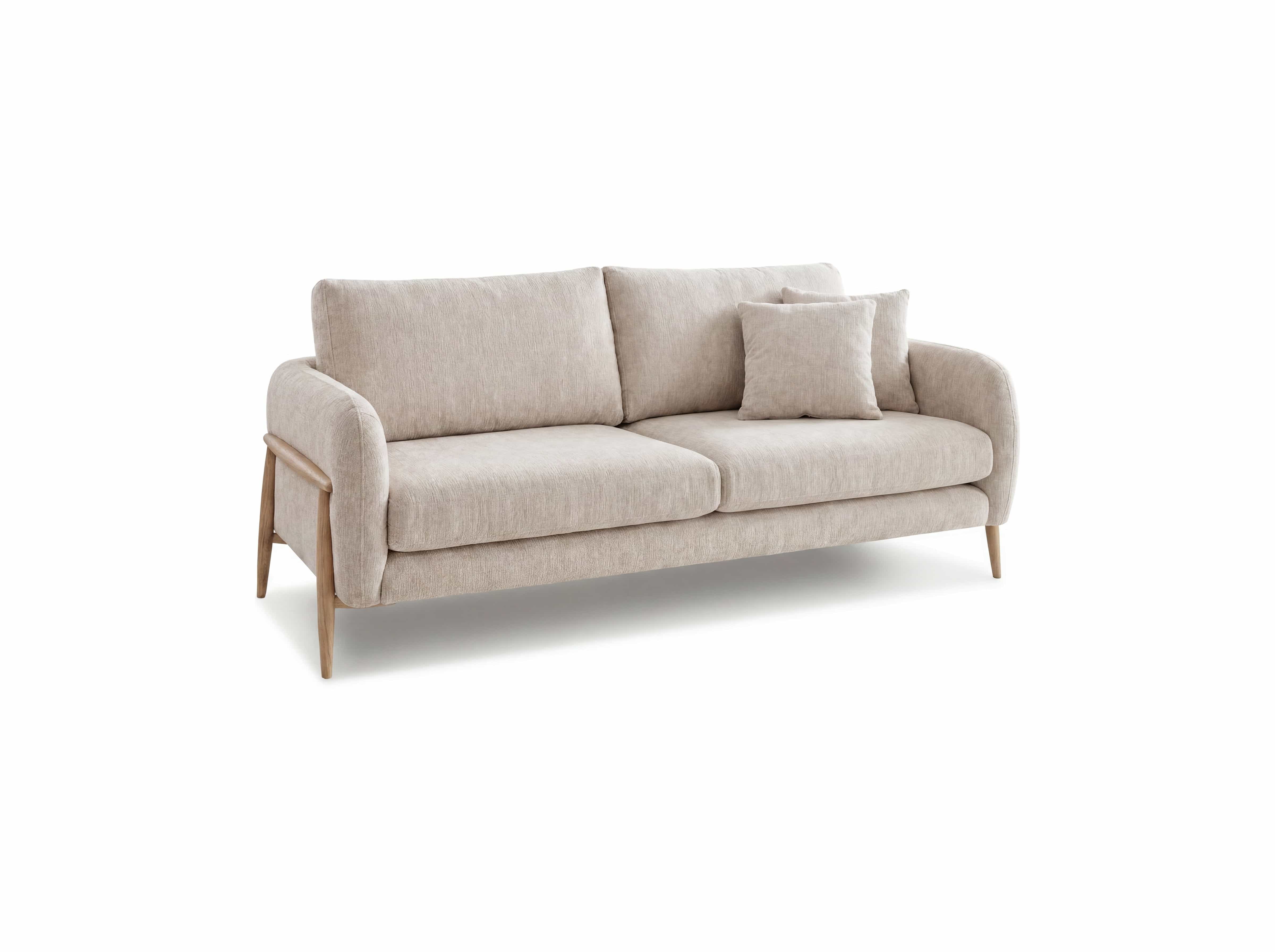 3-Sitzer Sofa Kabs Polsterwelt mit hellem Stoffbezug, Holzfüßen, gepolsterter Rückenlehne und Kissen