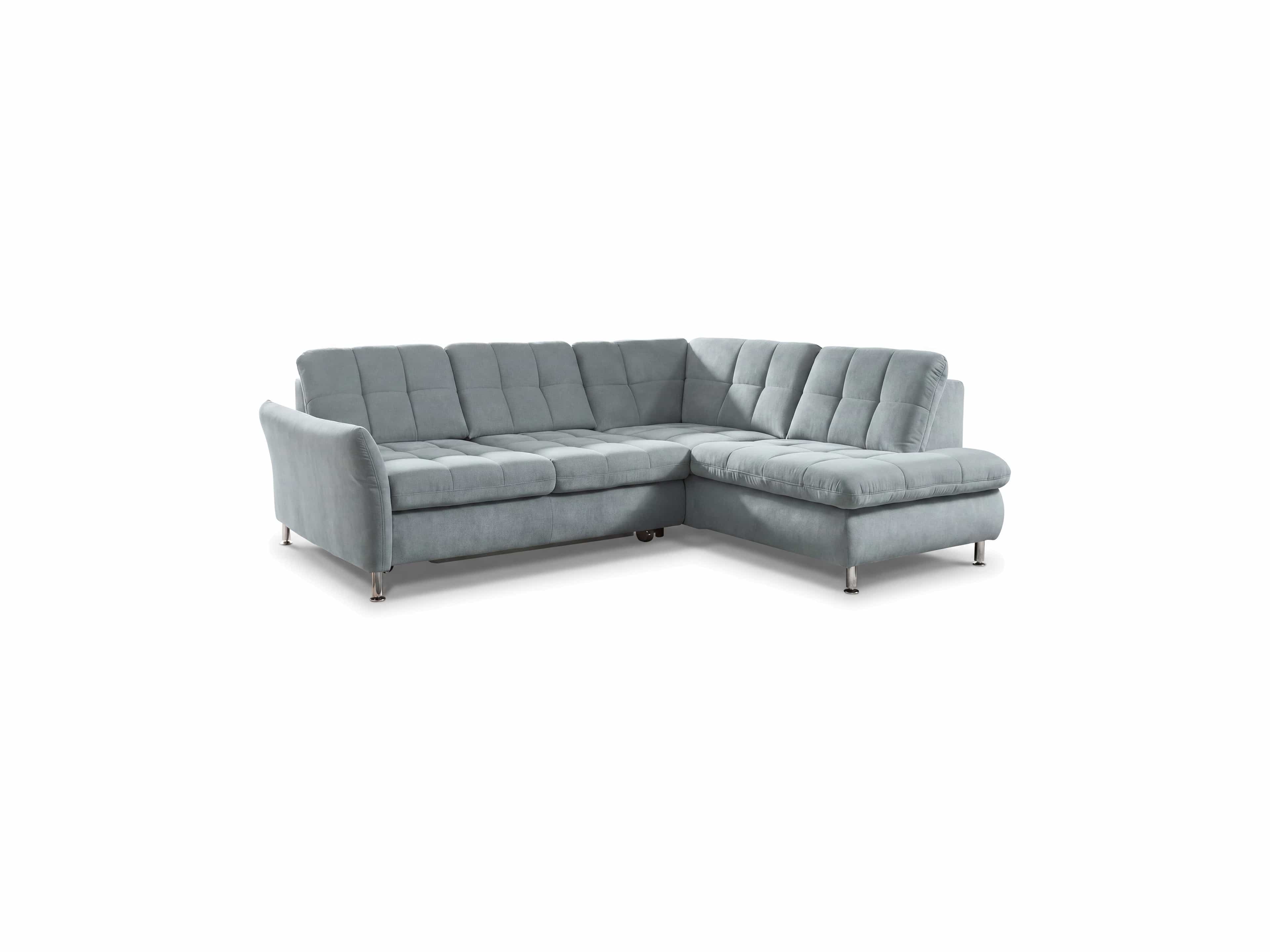 Ecksofa Kabs Polsterwelt mit hellgrauem Stoffbezug, gepolsterten Armlehnen und Metallfüßen