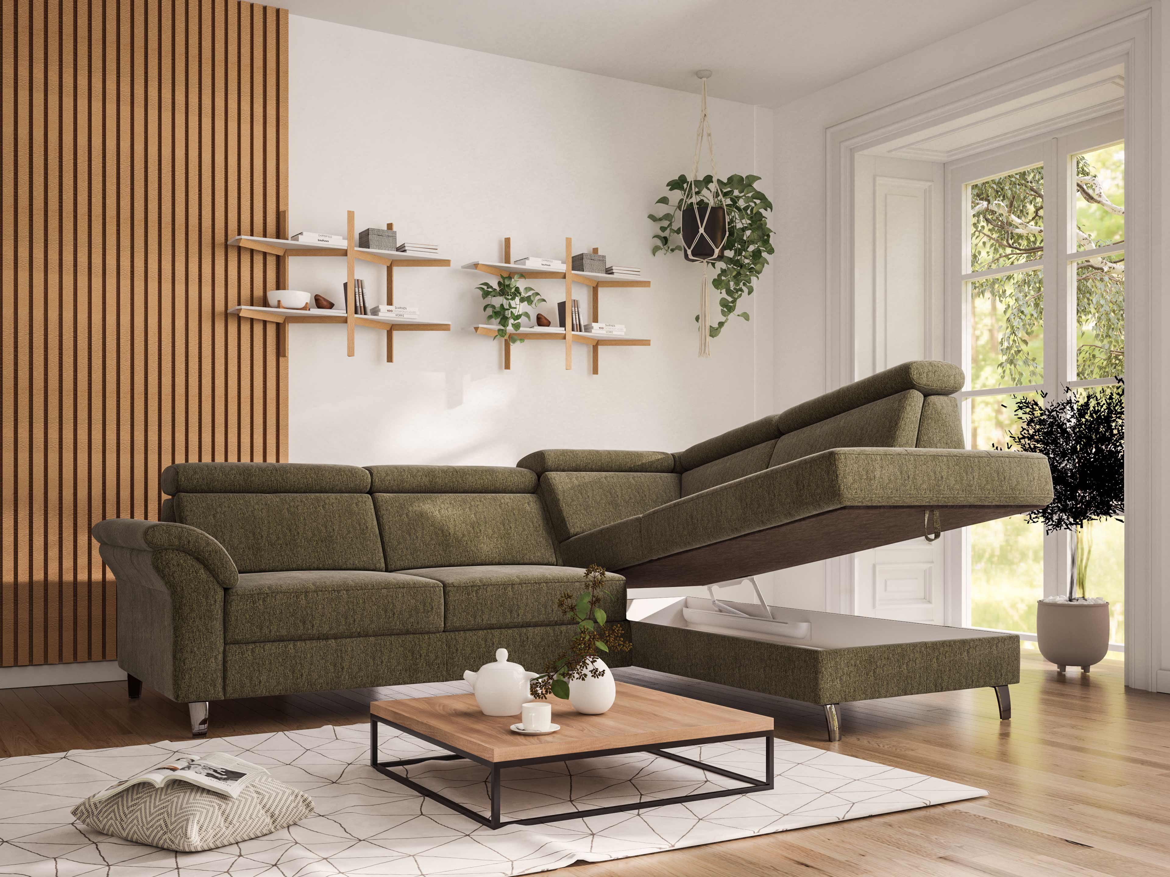 Ecksofa Kabs Modell mit grünem Stoffbezug, verstellbarem Sitz und Armlehnen auf Metallfüßen