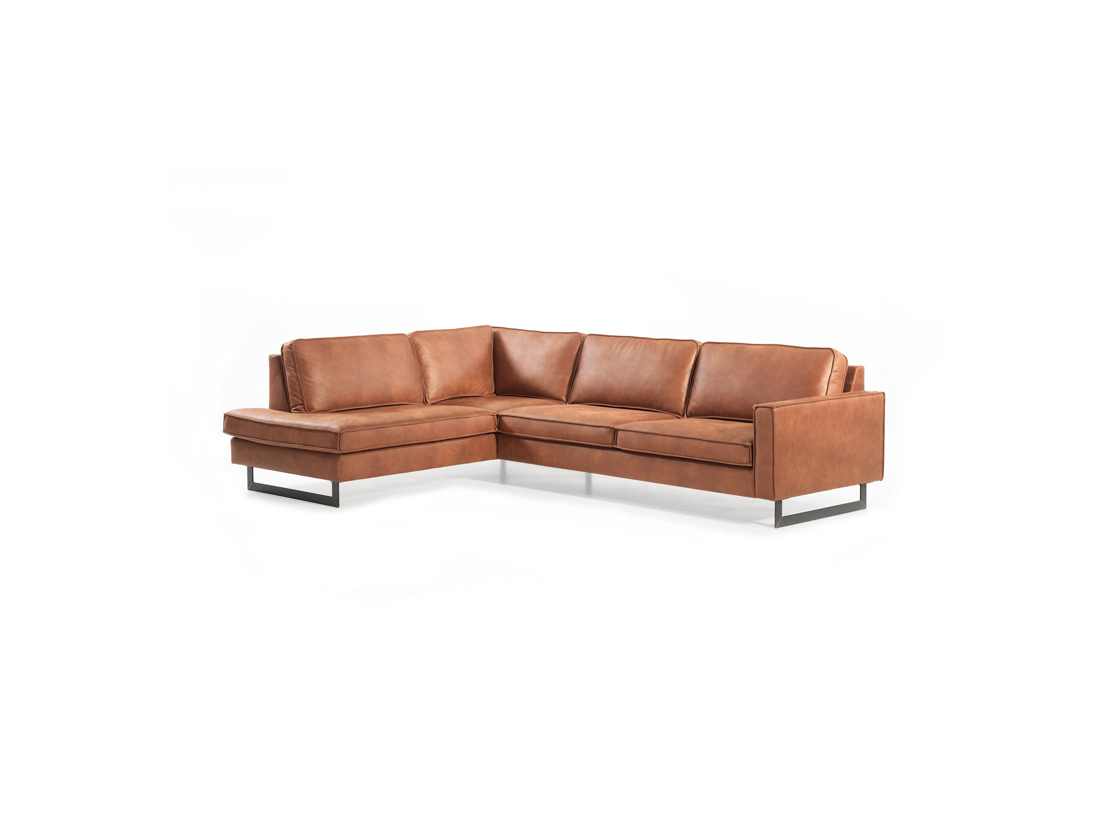 Ecksofa Logan mit braunem Lederbezug, L-Form, Armlehnen, Metallfüße, sichtbare Polsterung